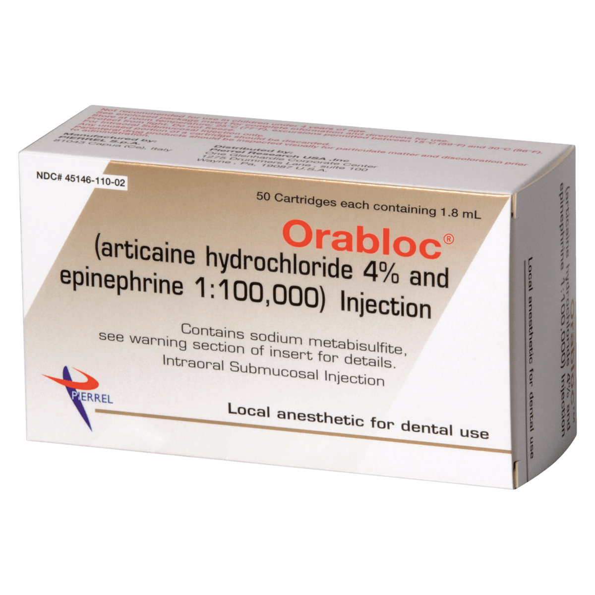 Orabloc Articaine HCl 4% with Epinephrine 1:100,000 Injection Cartridges, 1.8 mL, Gold Box, 50/Box, 2101051 thumbnail 2