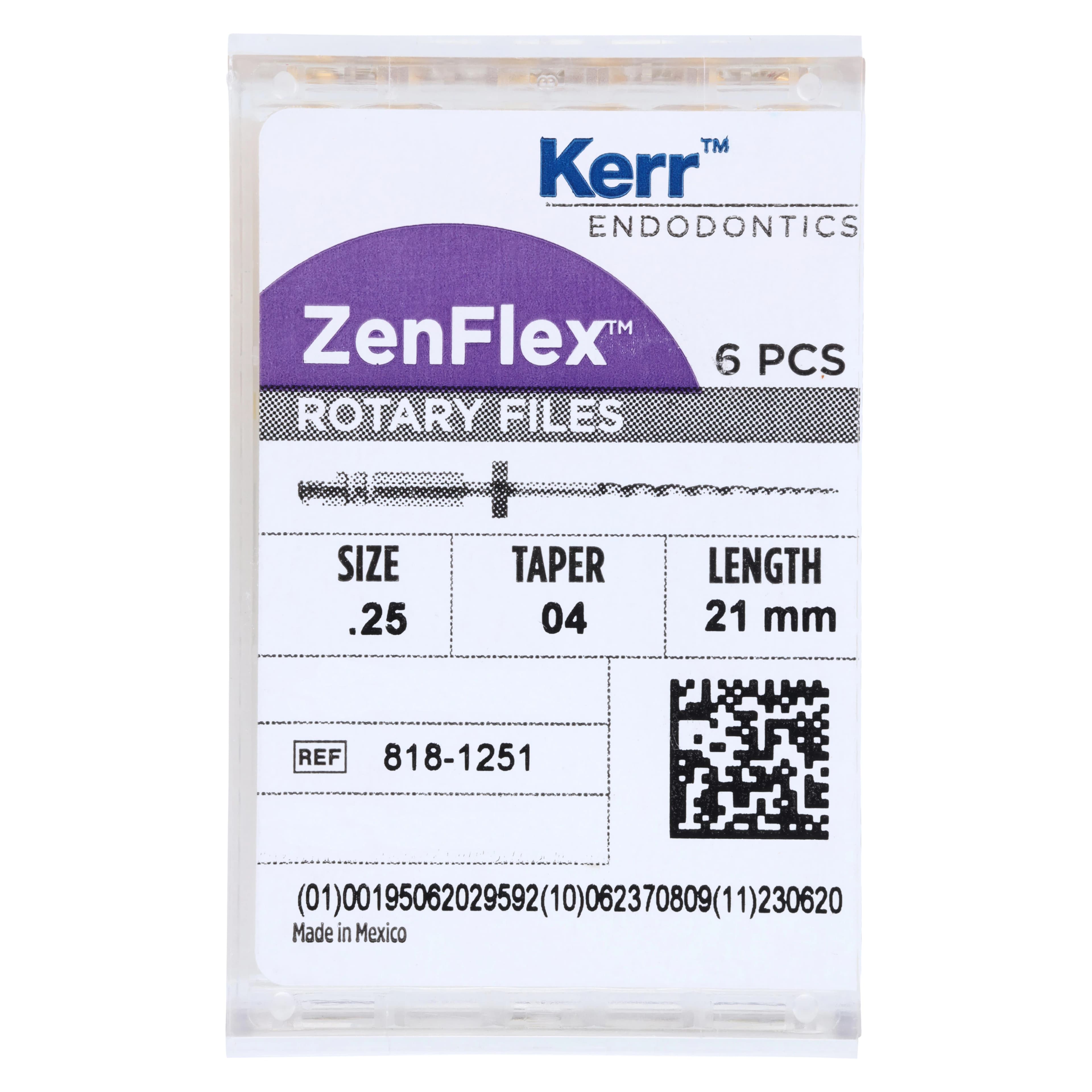 ZenFlex NiTi Rotary Shaping Files, .25/.04, 21mm, Non-Cutting Tip, 6/Pk, 818-1251 - ZenFlex™ .25/.04/21mm Pack of 6 - Image 1
