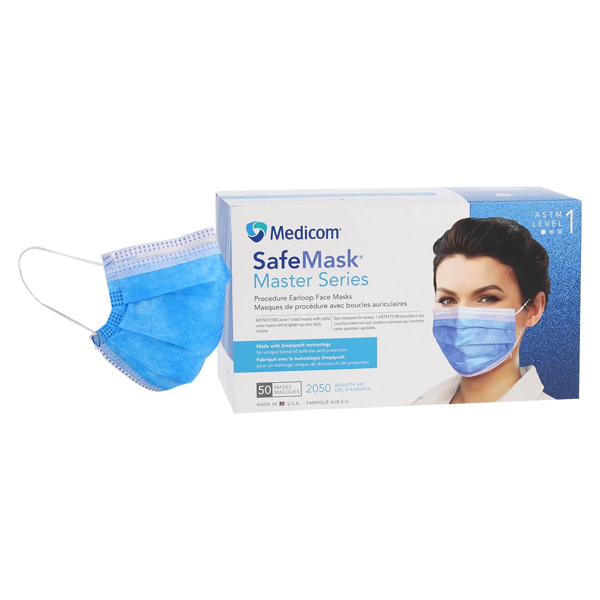 SafeMask Master Series Procedure Earloop Face Mask, ASTM Level 1, Augusta Sky (Royal Blue), 50/Box, 2050 thumbnail 2