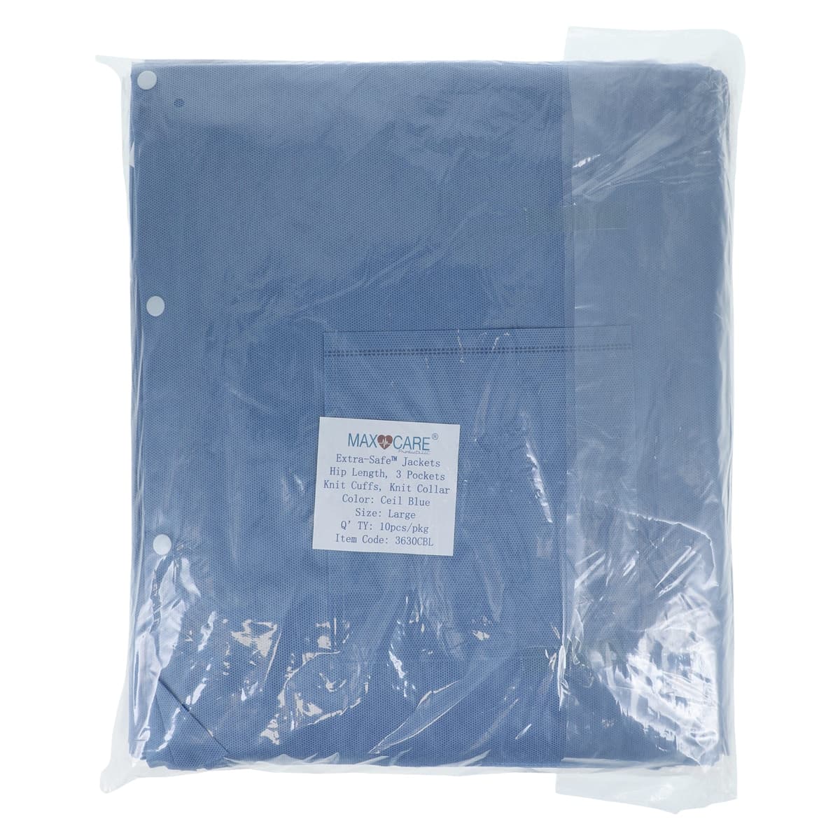 Extra-Safe Hip Length Lab Jacket, Ceil Blue, Large, AAMI Level 3, Latex-Free, 10/Pack, 3630CBL thumbnail 2