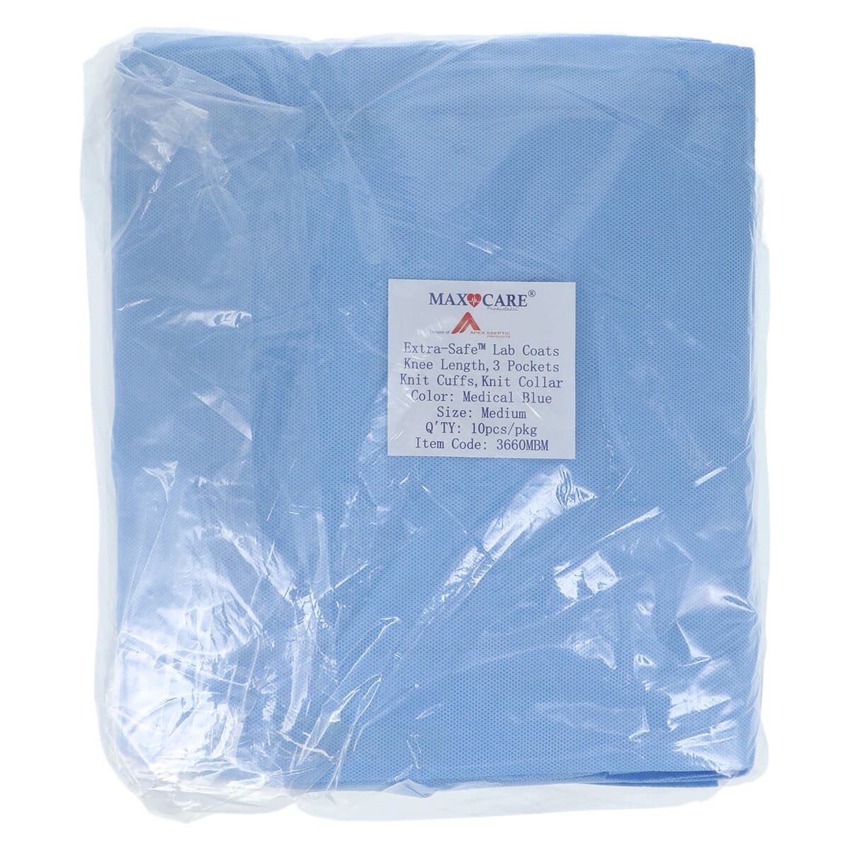 Extra-Safe Medical Blue Lab Coat, Medium, Latex-Free, Fluid Resistant, AAMI Level 3, Knee Length, 10/Pack, 3660MBM thumbnail 2