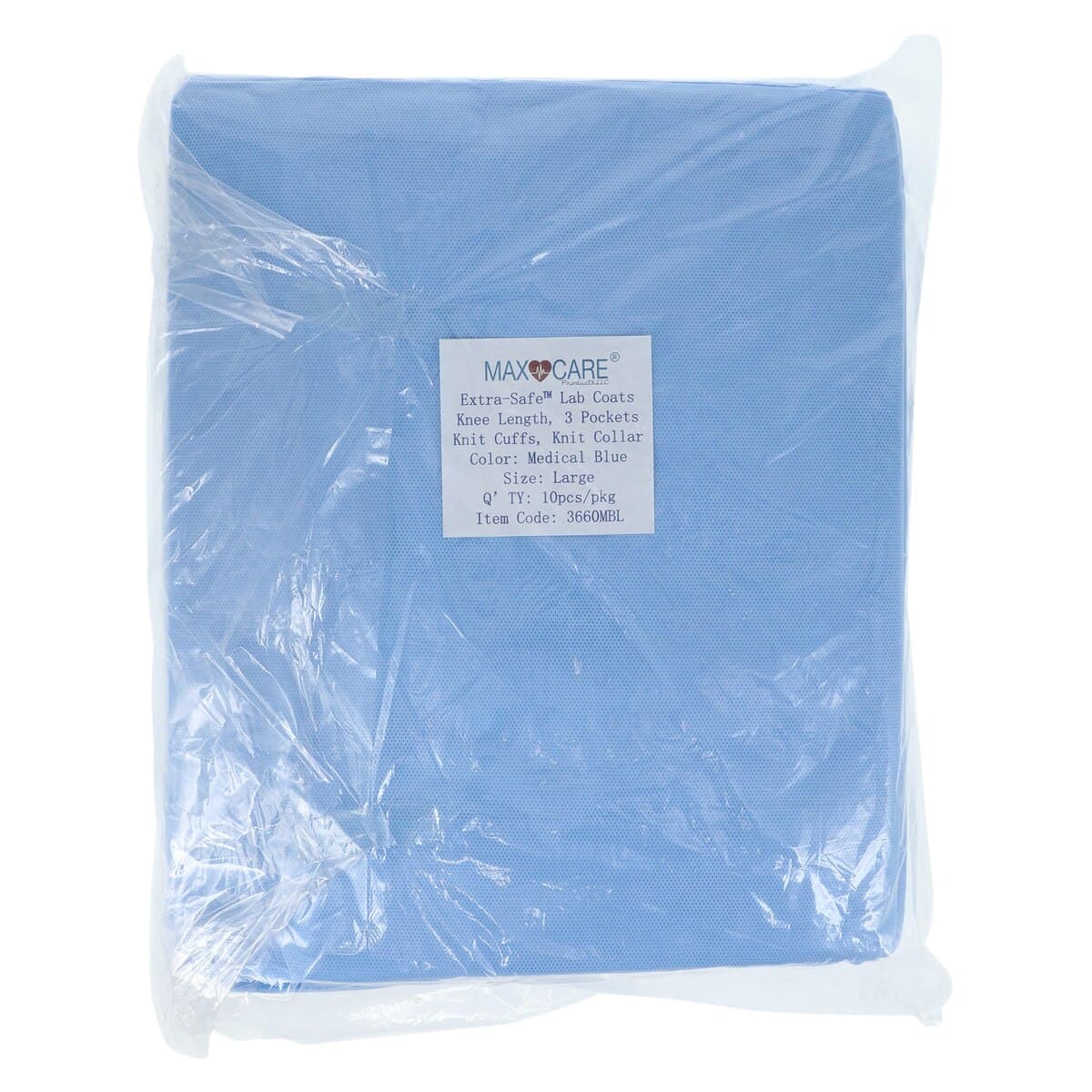 Extra-Safe Lab Coat, Knee Length, Medical Blue, Large, 3-Layer SMS, AAMI Level 3, Snap Front, Knit Cuffs & Collar, Latex-Free, 10/Pk, 3660MBL thumbnail 3