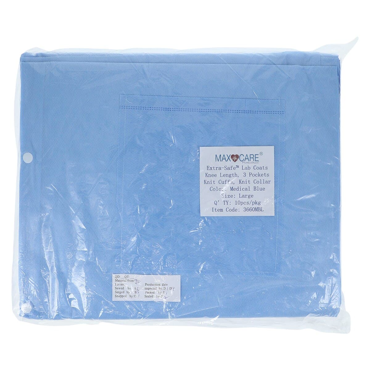 Extra-Safe Lab Coat, Knee Length, Medical Blue, Large, 3-Layer SMS, AAMI Level 3, Snap Front, Knit Cuffs & Collar, Latex-Free, 10/Pk, 3660MBL thumbnail 8