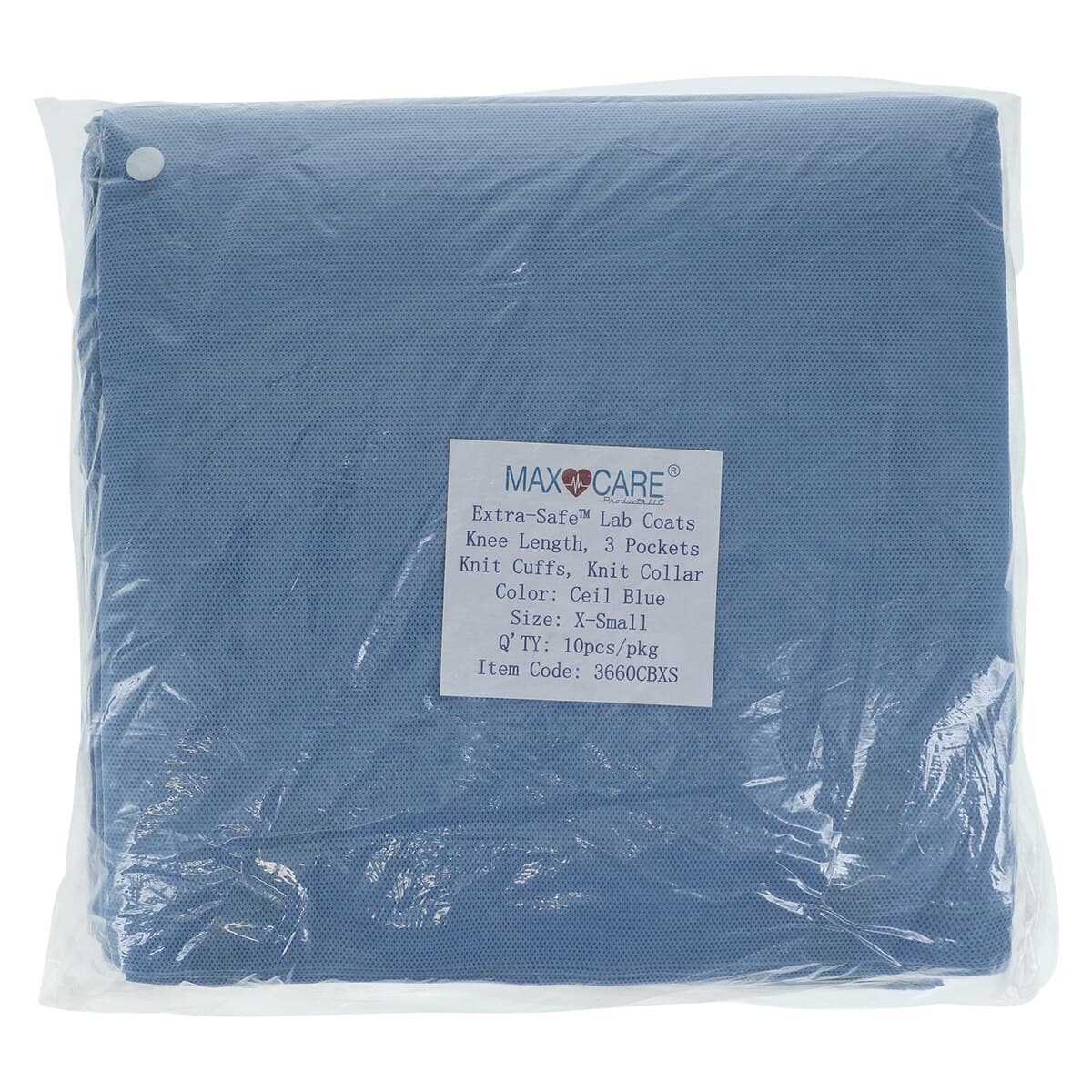 Extra-Safe Ceil Blue Lab Coat, X-Small, AAMI Level 3, Latex-Free, Fluid Resistant, Knee Length, 10/Pack, 3660CBXS thumbnail 8