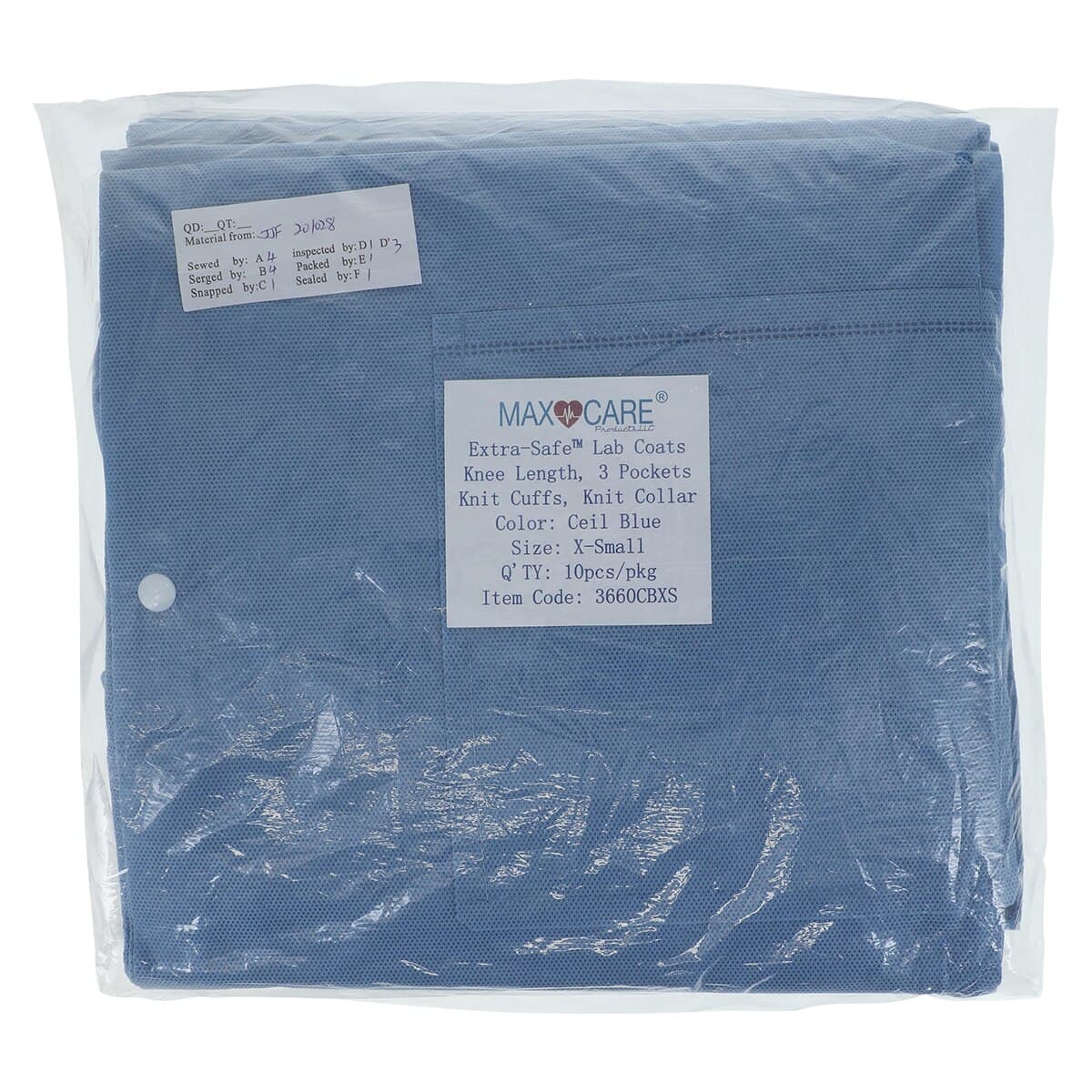 Extra-Safe Ceil Blue Lab Coat, X-Small, AAMI Level 3, Latex-Free, Fluid Resistant, Knee Length, 10/Pack, 3660CBXS thumbnail 7