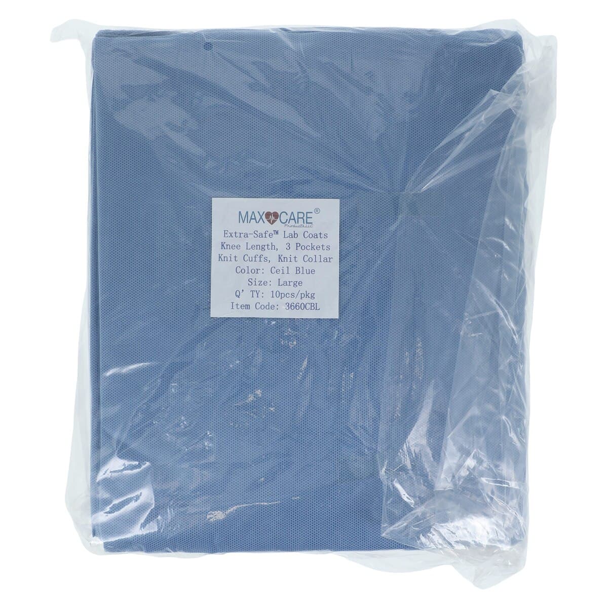 Extra-Safe Knee-Length Lab Coat, Ceil Blue, Large, AAMI Level 3, Latex-Free, 10/Pk, 3660CBL thumbnail 3