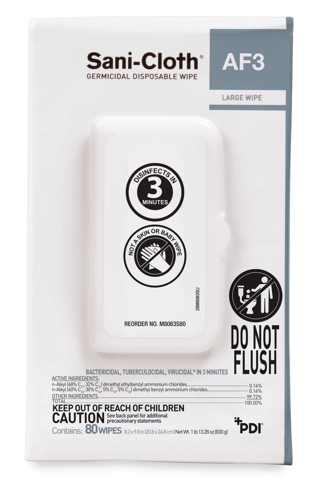 PDI Sani-Cloth AF3 Germicidal Disposable Wipes, X-Large 8.2 in x 9.8 in, Soft Pack, 80/Package, M8063S80 - PDI SANI-CLOTH AF3 GERMICIDAL DISPOSABLE WIPE, M8063S80 - Image 1