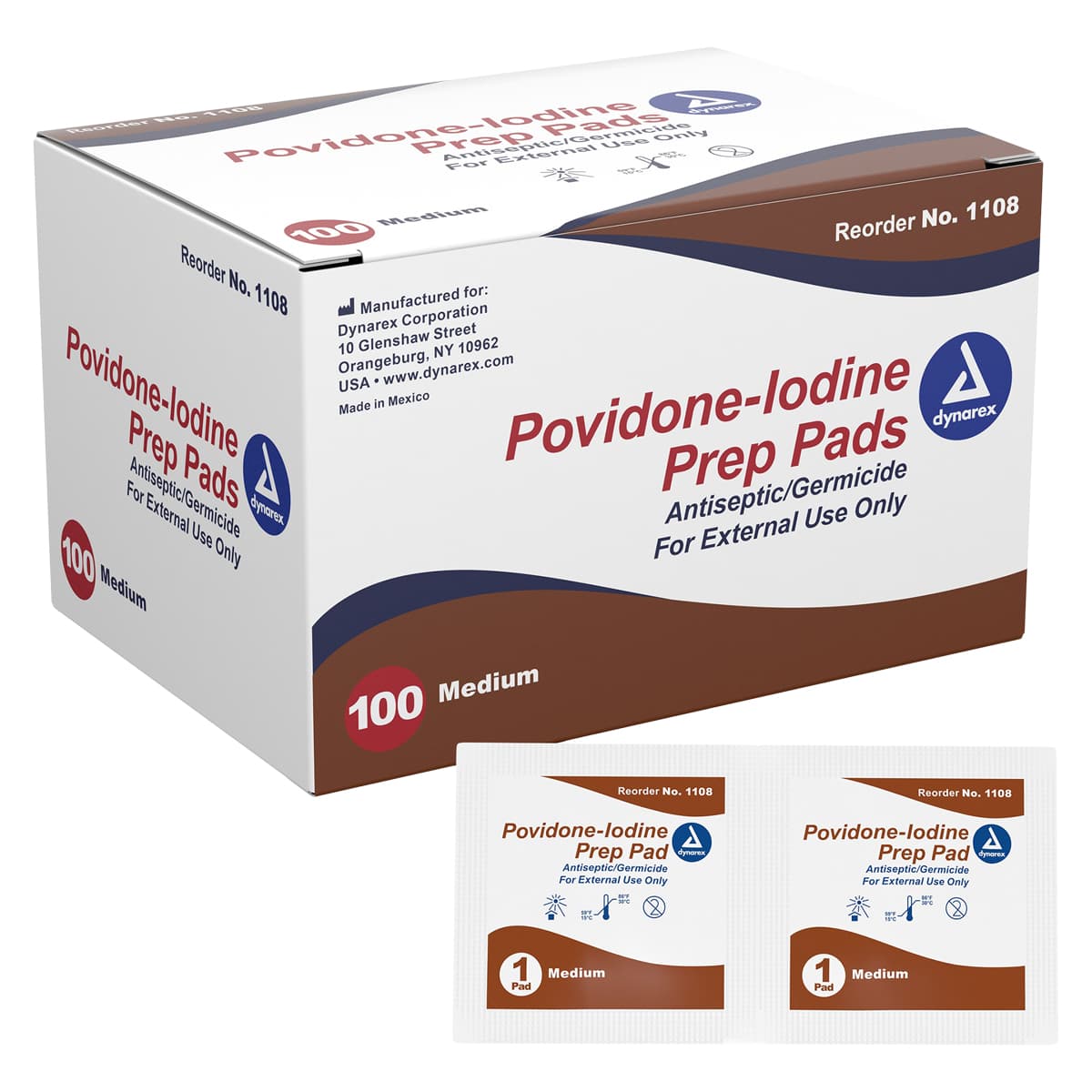Dynarex Povidone Iodine 10% Prep Pads, Medium, 100/Box, 1108 - Povidone Iodine, Prep Pads, 100/Box, 1108 - Image 1