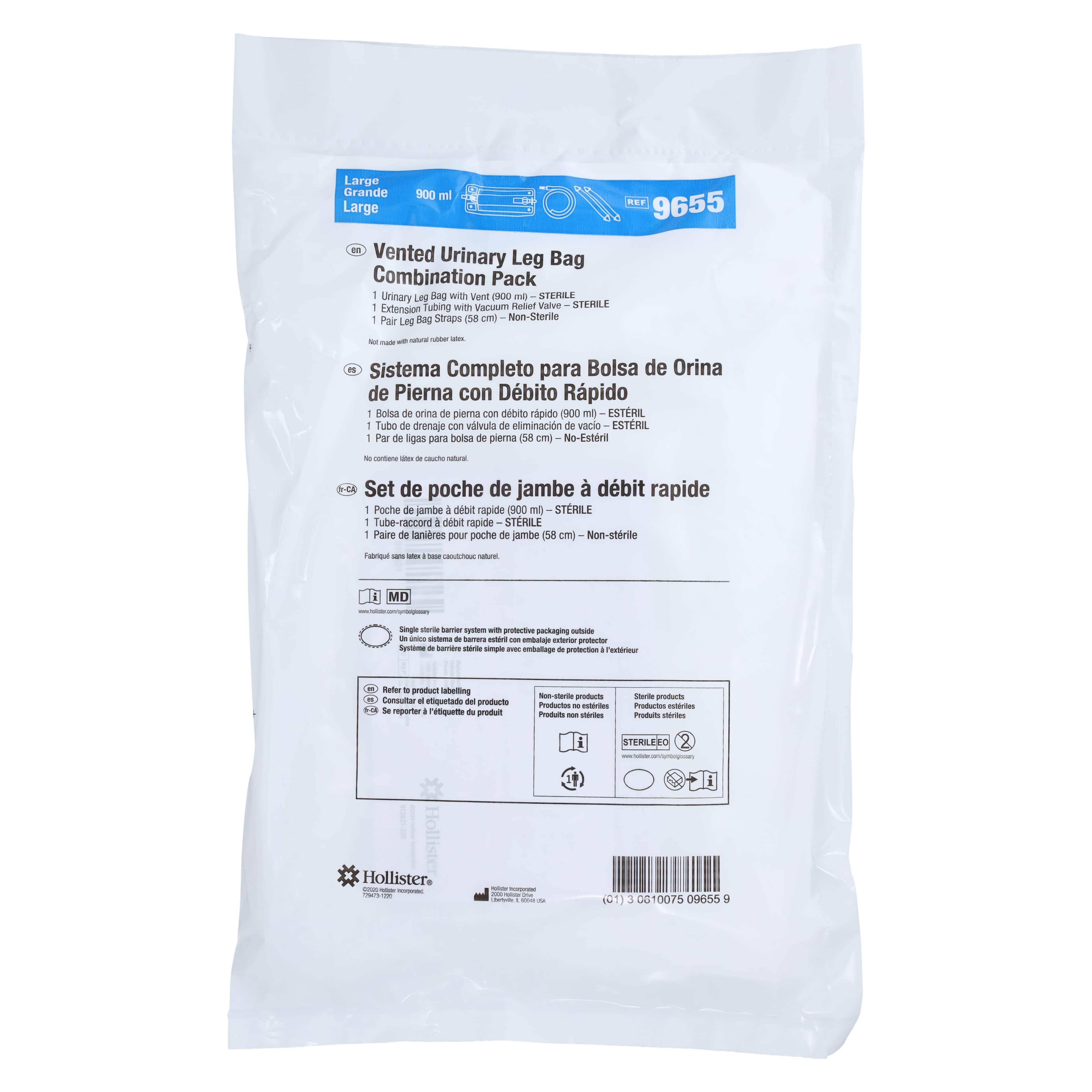 Hollister Urinary Leg Bag Combination Pack, 900 mL (30 oz), Disposable, Anti-Reflux Valve, Large, #9655 thumbnail 10