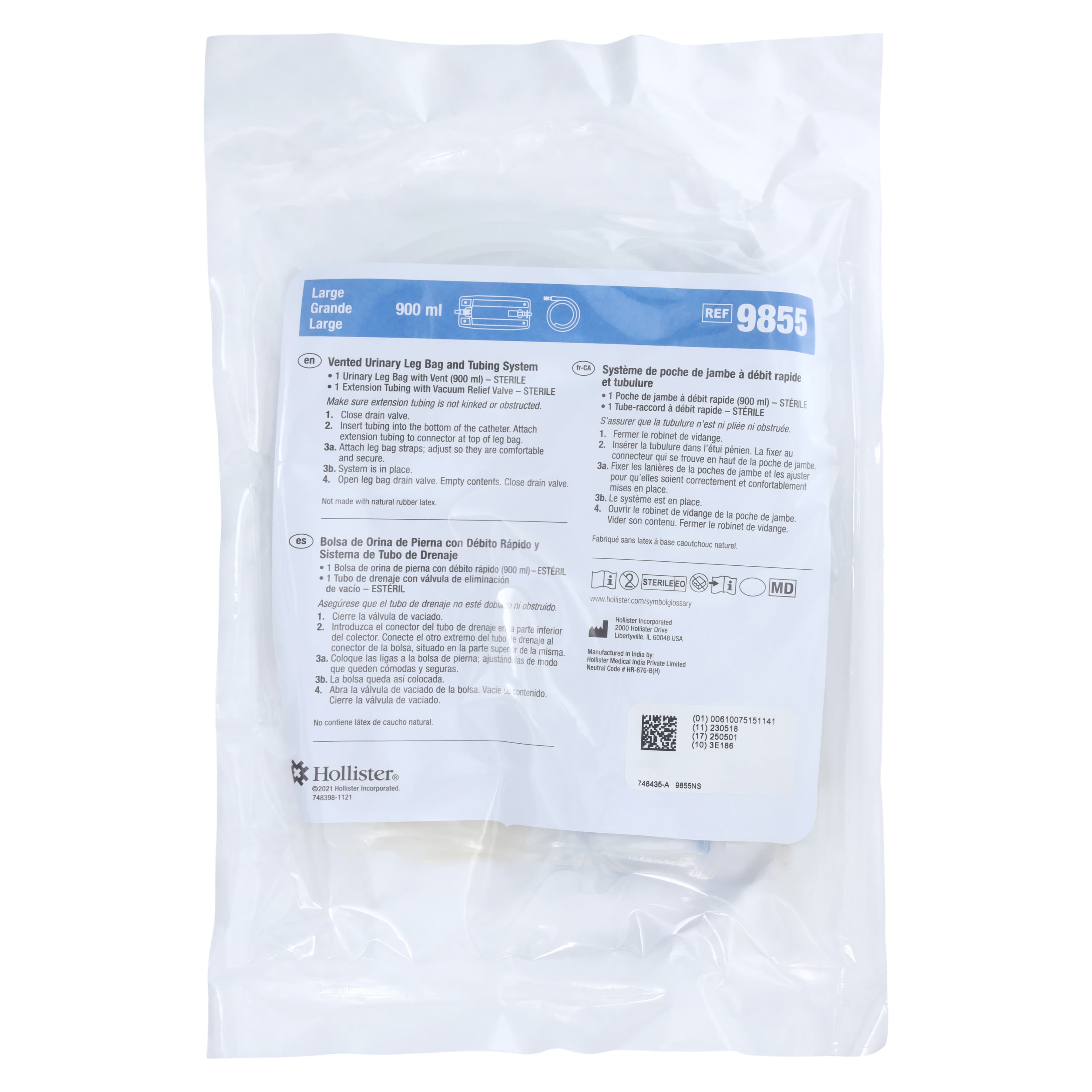Hollister Urinary Leg Bag Combination Pack, 900 mL (30 oz), Disposable, Anti-Reflux Valve, Large, #9655 thumbnail 4