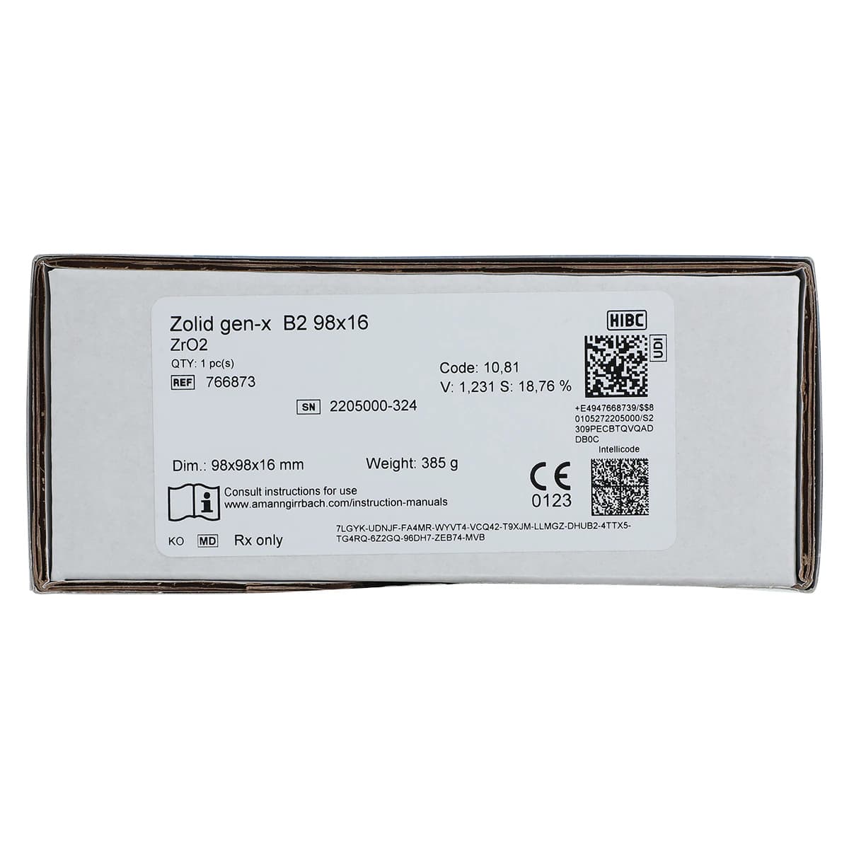 Zolid Gen-X Zirconia CAD/CAM Disc, Shade B2, 98 x 16 mm, 1/Pkg - Zolid Gen-X B2 98x16 F - Image 1