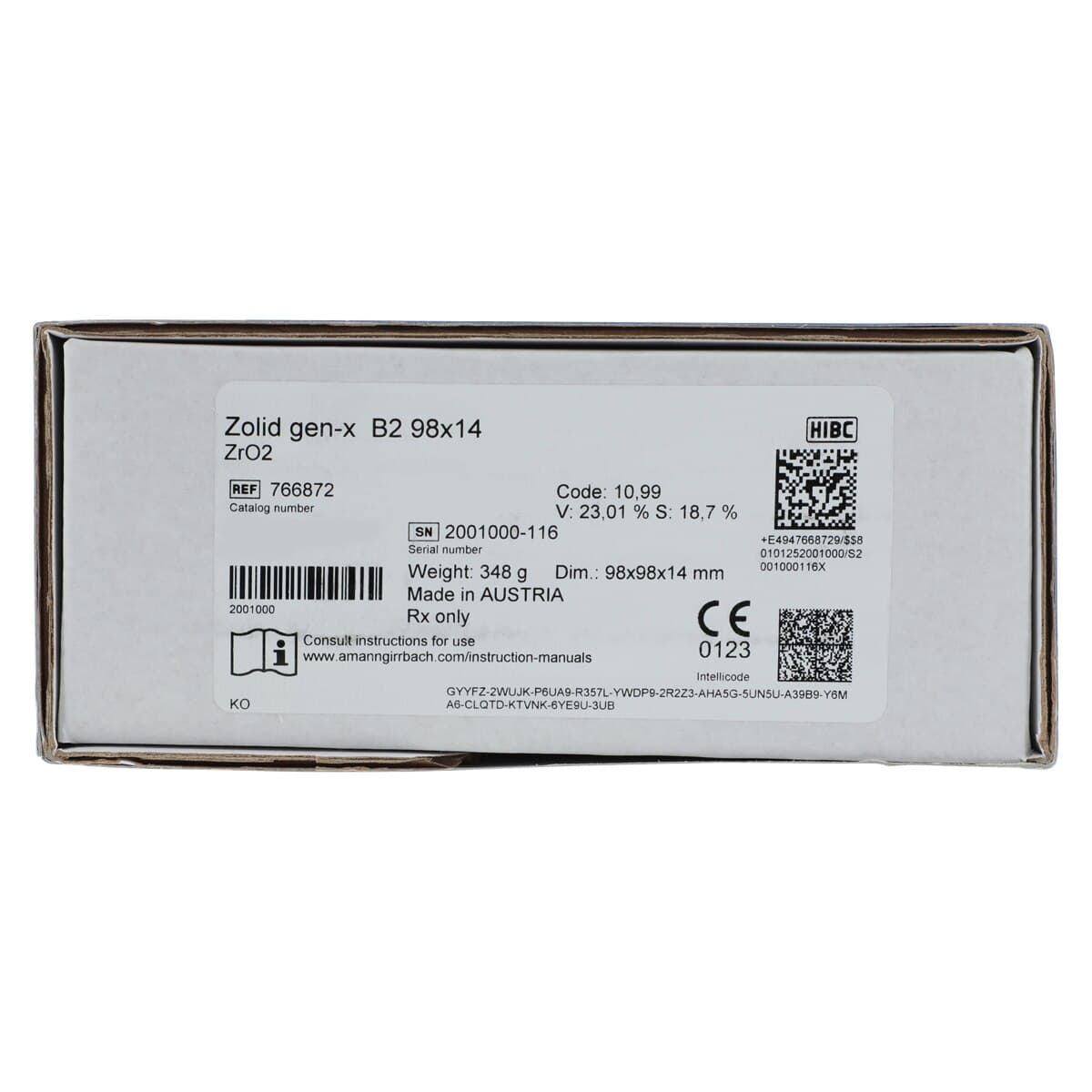 Zolid Gen-X Zirconia CAD/CAM Disc, Shade B2, 98 x 14 mm, 1/Pkg - Zolid Gen-X B2 98x14 F - Image 1