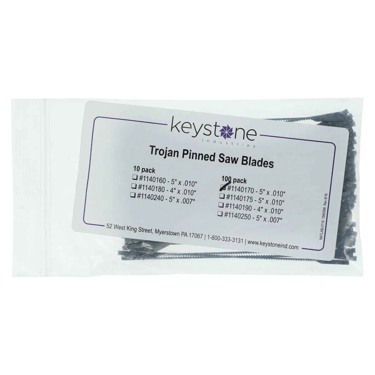 Keystone Pinned Saw Blades, 5" x 0.055" x 0.010", Blue, 18 Teeth per Inch, 100/Pk - Saw Blades Pinned 5" x 0.055" x 0.010" 100/Pk Blue - Image 1