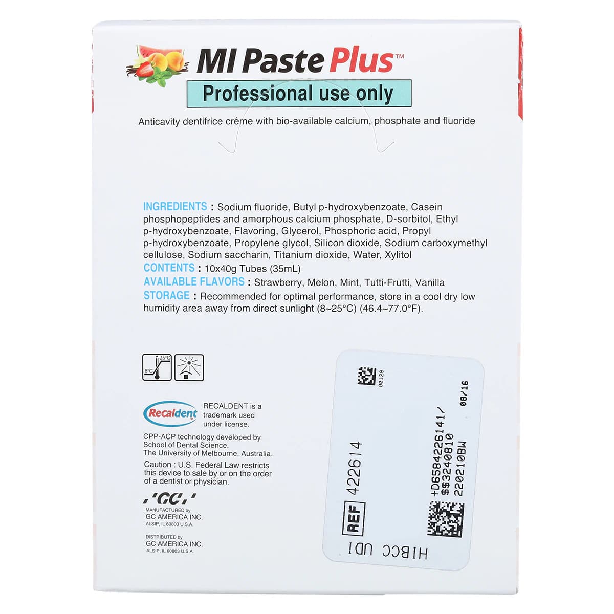 GC America MI Paste Plus Topical Tooth Creme, RECALDENT CPP-ACP with 900 ppm Fluoride, Assorted Flavors, 40 g Tubes, 10/Pk, 422614 thumbnail 8