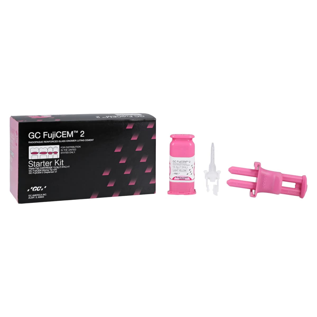 GC FujiCEM 2 Glass Ionomer Luting Cement, Slide & Lock Automix Starter Kit, 7.2 mL Cartridge, 20 Mixing Tips, Dispenser, 441001 thumbnail 2