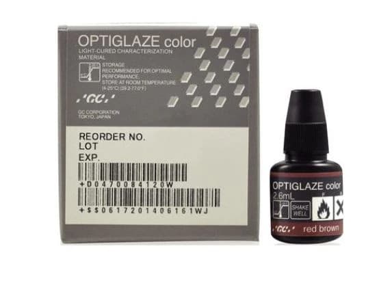 GC America OptiGlaze Color Light-Cured Characterization Coating, Red Brown, 2.6 mL Bottle, 8417 - OptiGlaze Color Red Brown 2.6mL - Image 1
