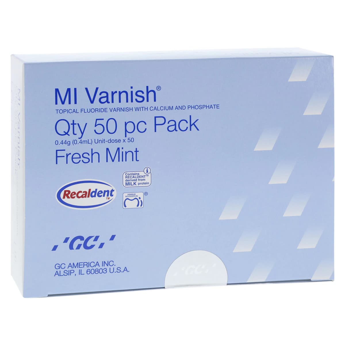 MI Varnish 5% Sodium Fluoride with RECALDENT (CPP-ACP), Fresh Mint, 0.4 mL Unit Dose, 50/Pack, 442505 - MI Varnish Miint 0.4ml 50Bx - Image 1