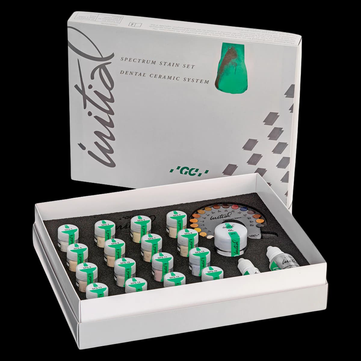 GC Initial Spectrum Stain Set, 16 Shades SPS-1 to SPS-16 (3 g each), with Glaze Powder GL (10 g), Glaze Liquid (25 mL), Glaze Paste Liquid (8 mL), and Shade Guide - GC Initial™ Spectrum Stain Set - GC Initial™ Spectrum Stain Set - Image 1