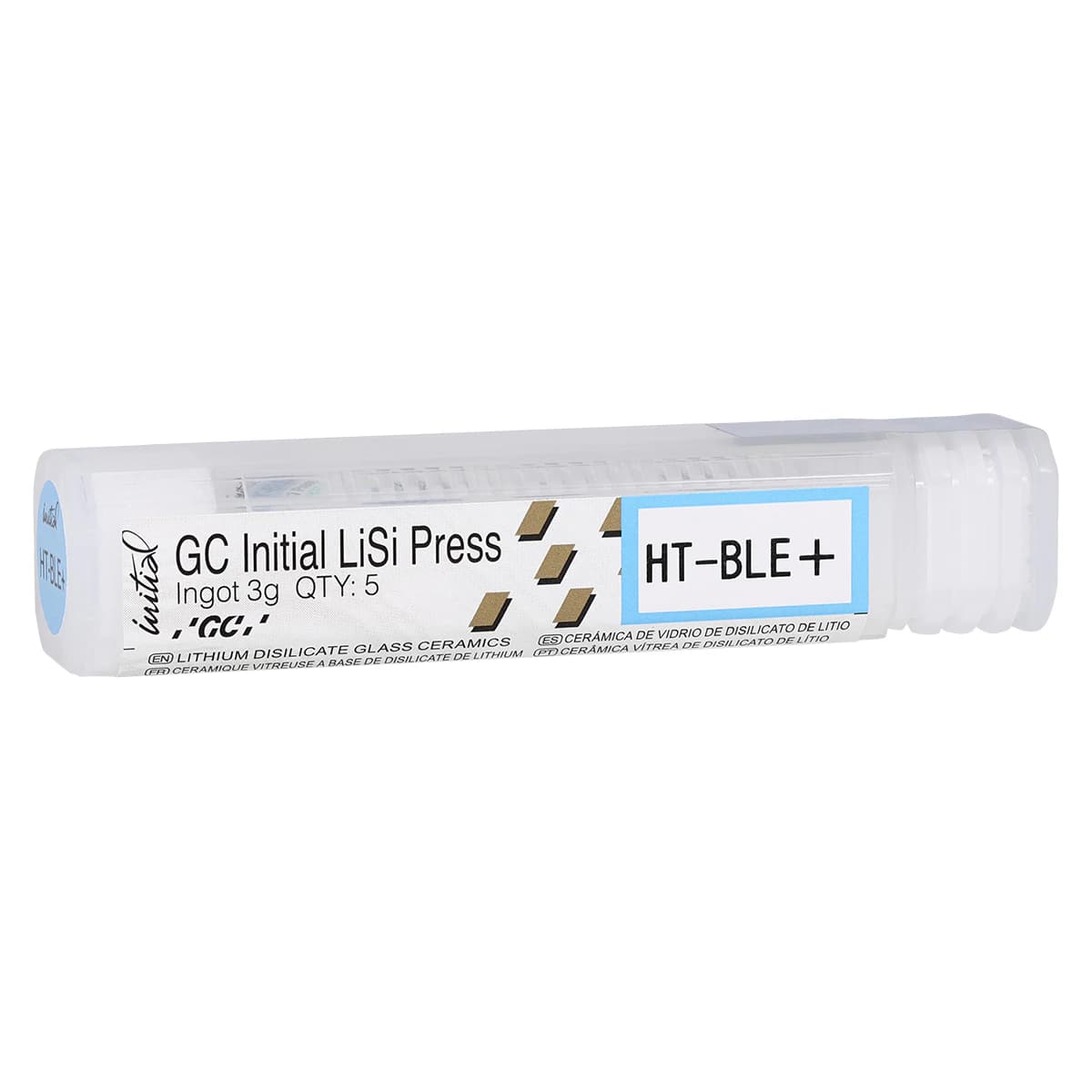 GC Initial LiSi Press Lithium Disilicate Ingot, Shade HT-BLE+, 3 g, 5/Pk - GC Initial® LiSi Press Ingot HT-BLE+ 3g Pack of 5 - Image 1
