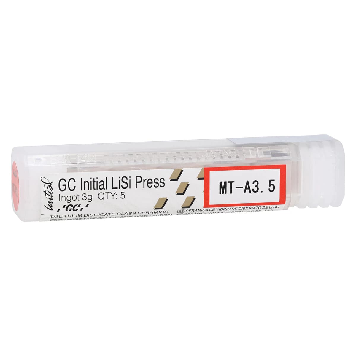 GC Initial LiSi Press Lithium Disilicate Ingot, Shade MT-A3.5, 3g, 5/Pk - GC Initial® LiSi Press Ingot MT-A3.5 3g Pack of 5 - Image 1