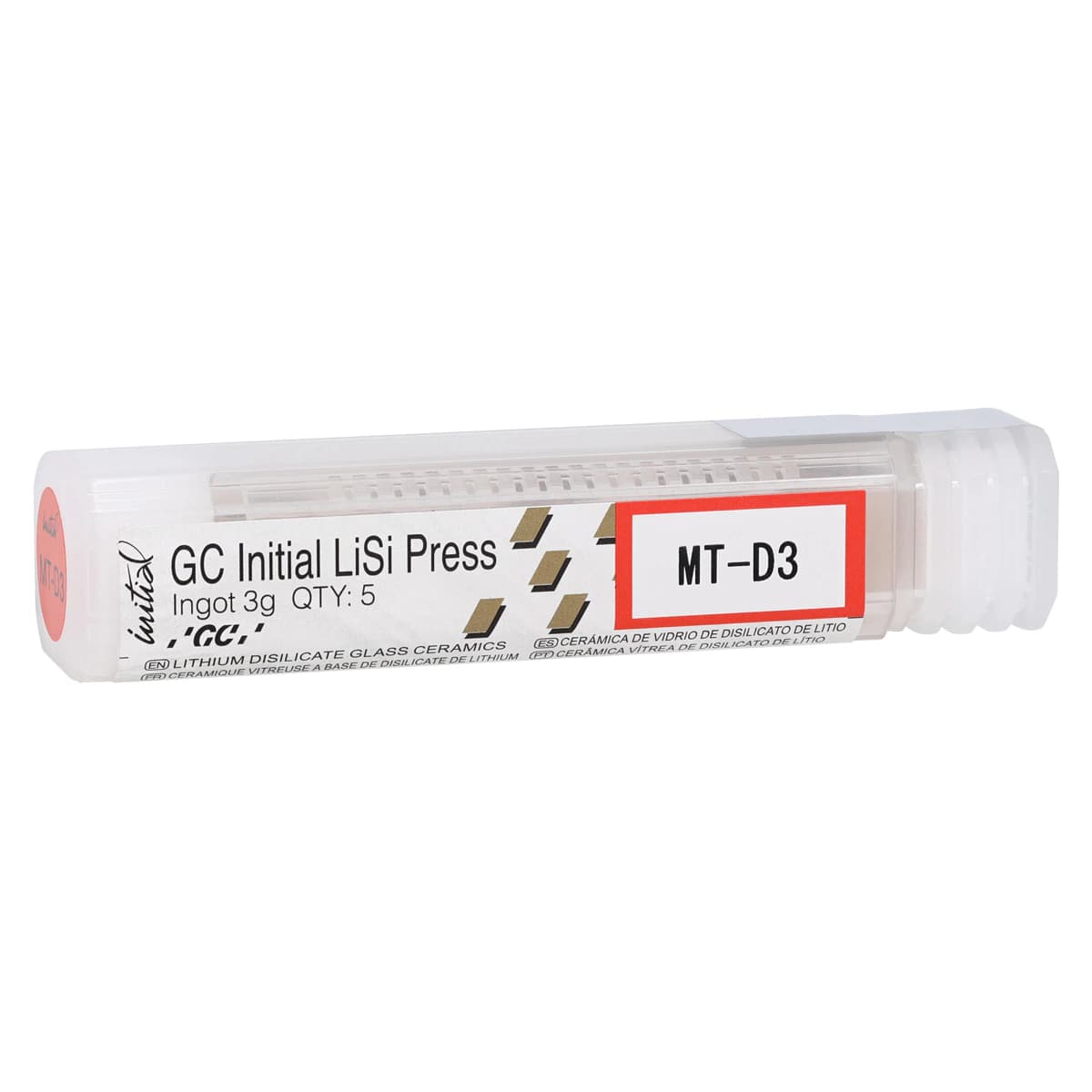 GC Initial LiSi Press Lithium Disilicate Ingot, Shade MT-D3, 3g, 5/Pk - GC Initial® LiSi Press Ingot MT-D3 3g Pack of 5 - Image 1