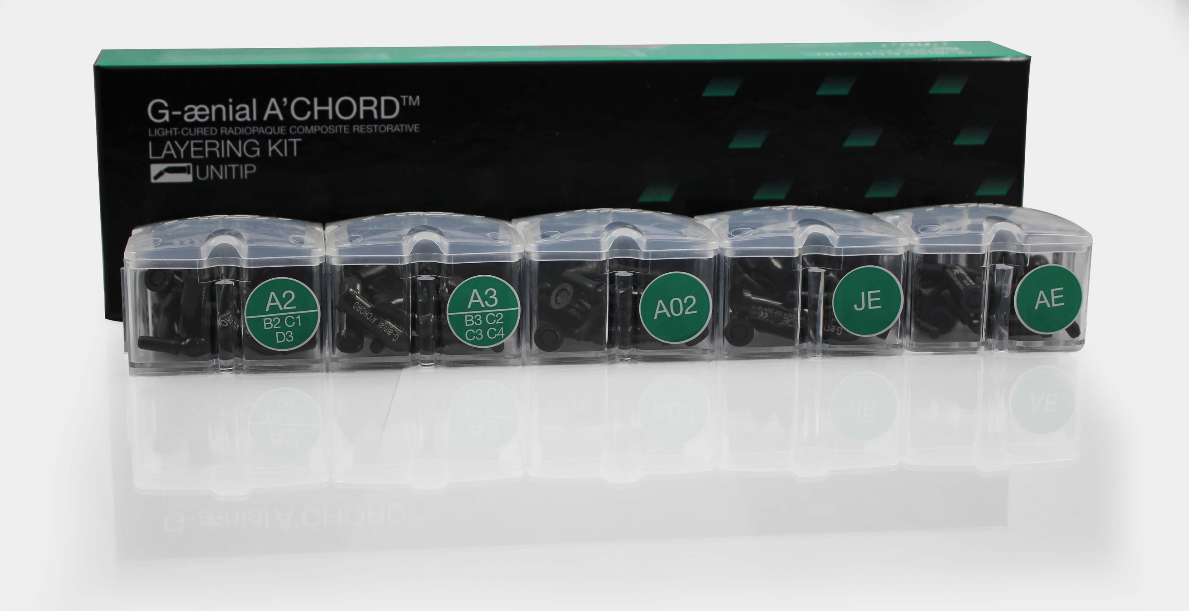 G-aenial A'CHORD Universal Composite Unitip Layering Kit, 75 x 0.16 mL Unitips, 15 Each of A2, A3, AO2, AE, JE, 952263 - G-aenial® A’CHORD Universal Composite Unitip Layering Kit - Image 1