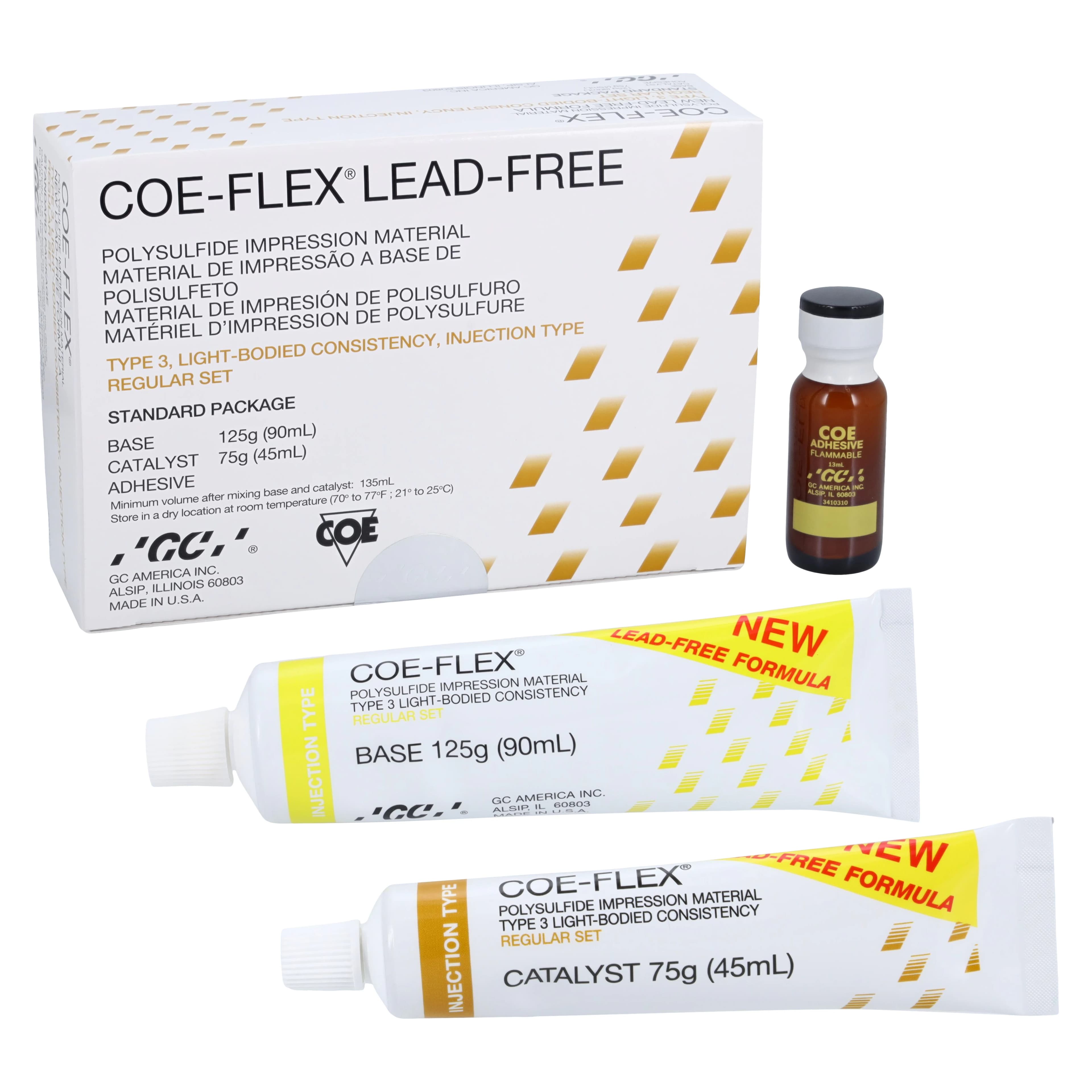 GC America COE-FLEX Lead-Free Polysulfide Impression Material, Standard Package, Injection Type (Light Body), Regular Set, 90 mL Base / 45 mL Catalyst / 15 mL Adhesive, 131003 - GC America - COE-FLEX Standard Package - (Injection Type-Light) - Image 1