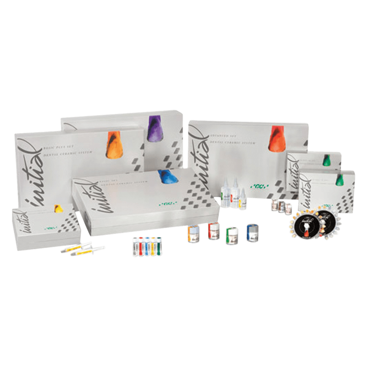GC Initial Zr-FS Basic Set, Ceramic for Zirconium Oxide Frameworks, 39 Powder Bottles, Glaze, INcisio, Glaze Liquid 25 mL, Modeling Liquid 50 mL - Initial Zirconia Basic Set - Image 1