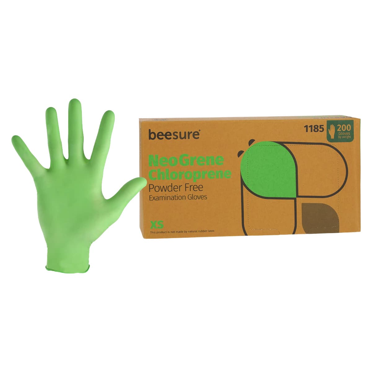 BeeSure NeoGrene Chloroprene Powder-Free Exam Gloves, X-Small, Green, 200/Box, BE1185 - NeoGrene Chloroprene Exam Gloves XS Green Box of 200 - Image 1