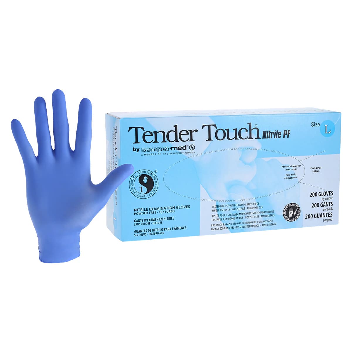 Sempermed Tender Touch Nitrile Exam Gloves, Powder-Free, Textured Fingertips, Large, Violet Blue, 200/Box, TTNF204 - Tender Touch Nitrile Gloves Large 200/box Powder-Free Textured Fingertips Chemical Barrier Ttnf204 - Image 1