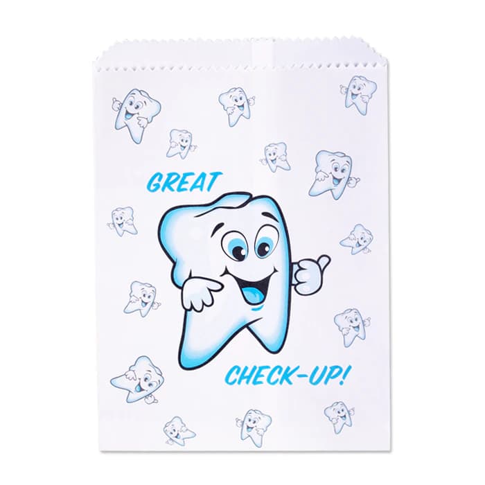 Great Check Up Paper Scatter Bags, 7.5" x 10", Happy Tooth Design, 100/Pack, S8636 - Great Check Up Paper Bag (100) - Image 1
