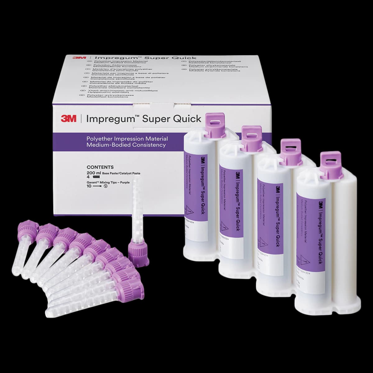 3M Impregum Super Quick Polyether Impression Material, Medium Body, Refill, 4 x 50 mL Cartridges with 10 Garant Purple Mixing Tips, 69417 - Impregum Super Quick Polyether Impression Material Medium Body Refill - Image 1