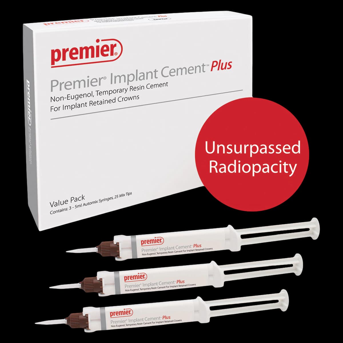 Premier® Implant Cement™ Plus Value Pack, Pink, 3 x 5 ml Automix Syringes with 25 Mixing Tips, 3001555 - Premier® Implant Cement™ Pink Value Pack - Image 1
