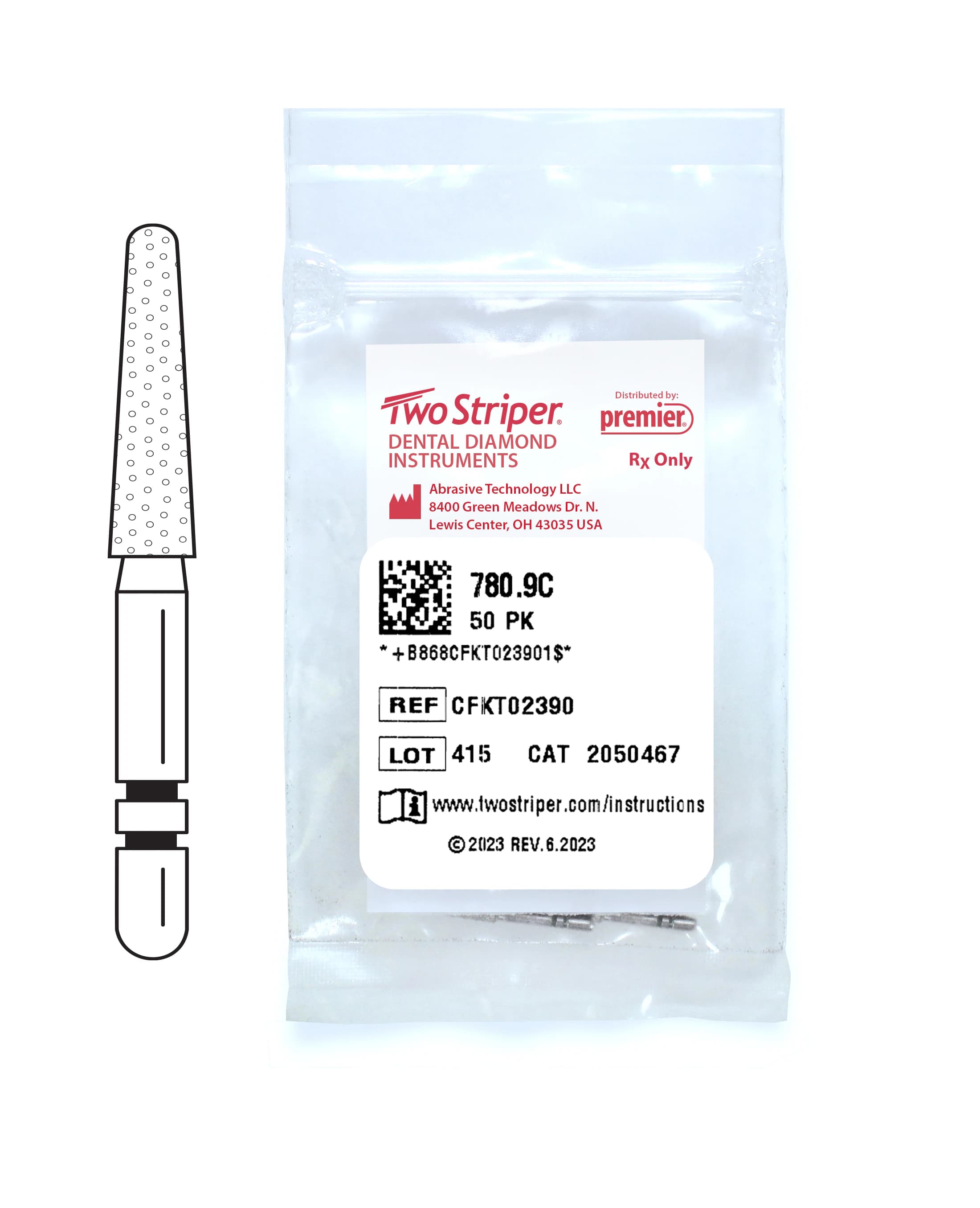 Two Striper Diamond Bur #780.9C, Friction Grip, Coarse, Round End Taper, Green, 50/Pkg - Two Striper Diamond Burs – FG, Coarse, Green, Taper Round End, 5/Pkg - # 780, 2.1 mm Major/1.4 mm Minor Diameter, 9.0 mm Length, 50/Pkg - Image 1