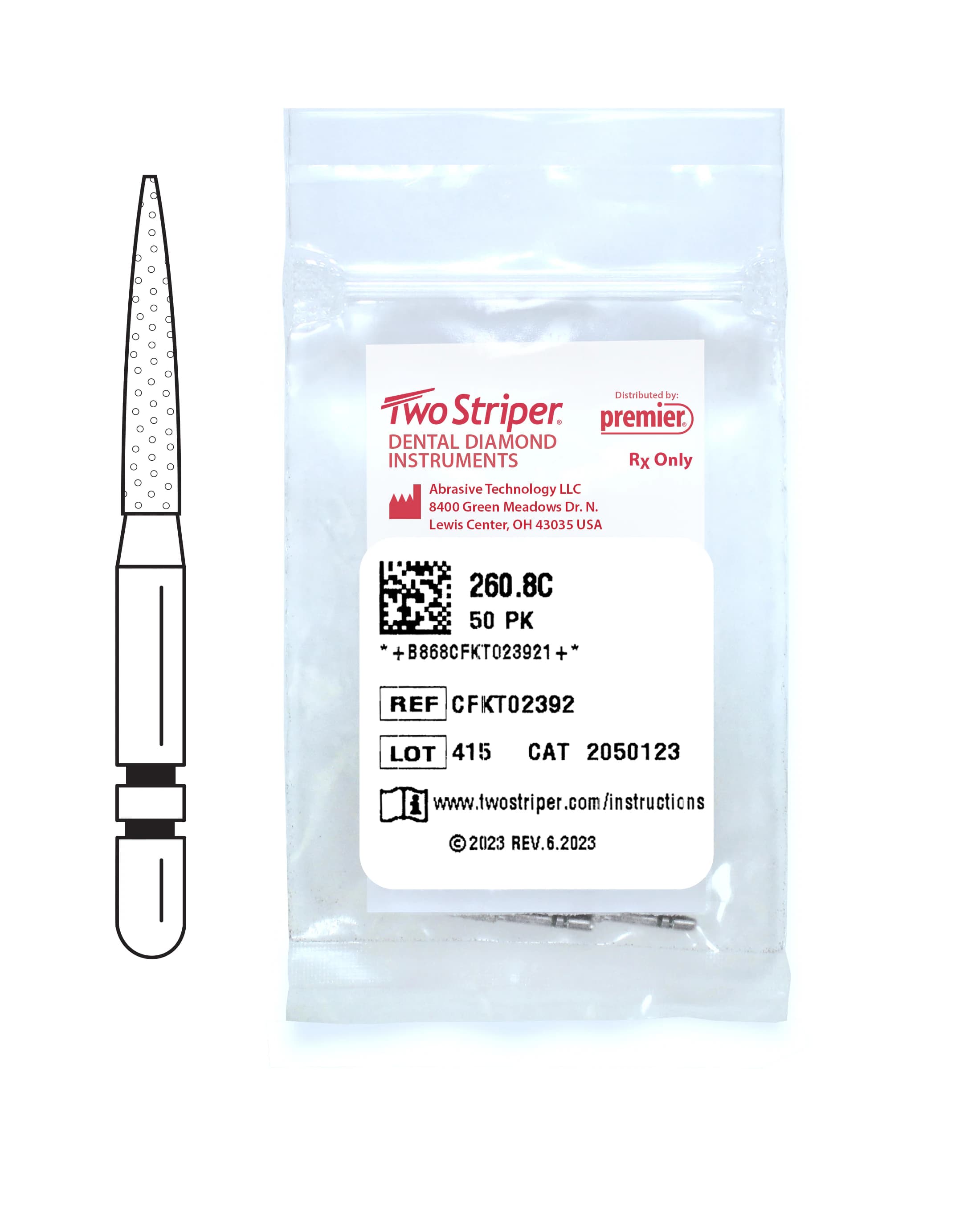 Two Striper® Diamond Bur, Friction Grip, Coarse, Flame, #260.8C, 1.4 mm Major/0.4 mm Minor Diameter, 8.0 mm Length, Green, 50/Pkg - Two Striper® Diamond Burs – FG, Coarse, Green, Flame - # 260, 1.4 mm Major/0.4 mm Minor Diameter, 8.0 mm Length, 50/Pkg - Image 1
