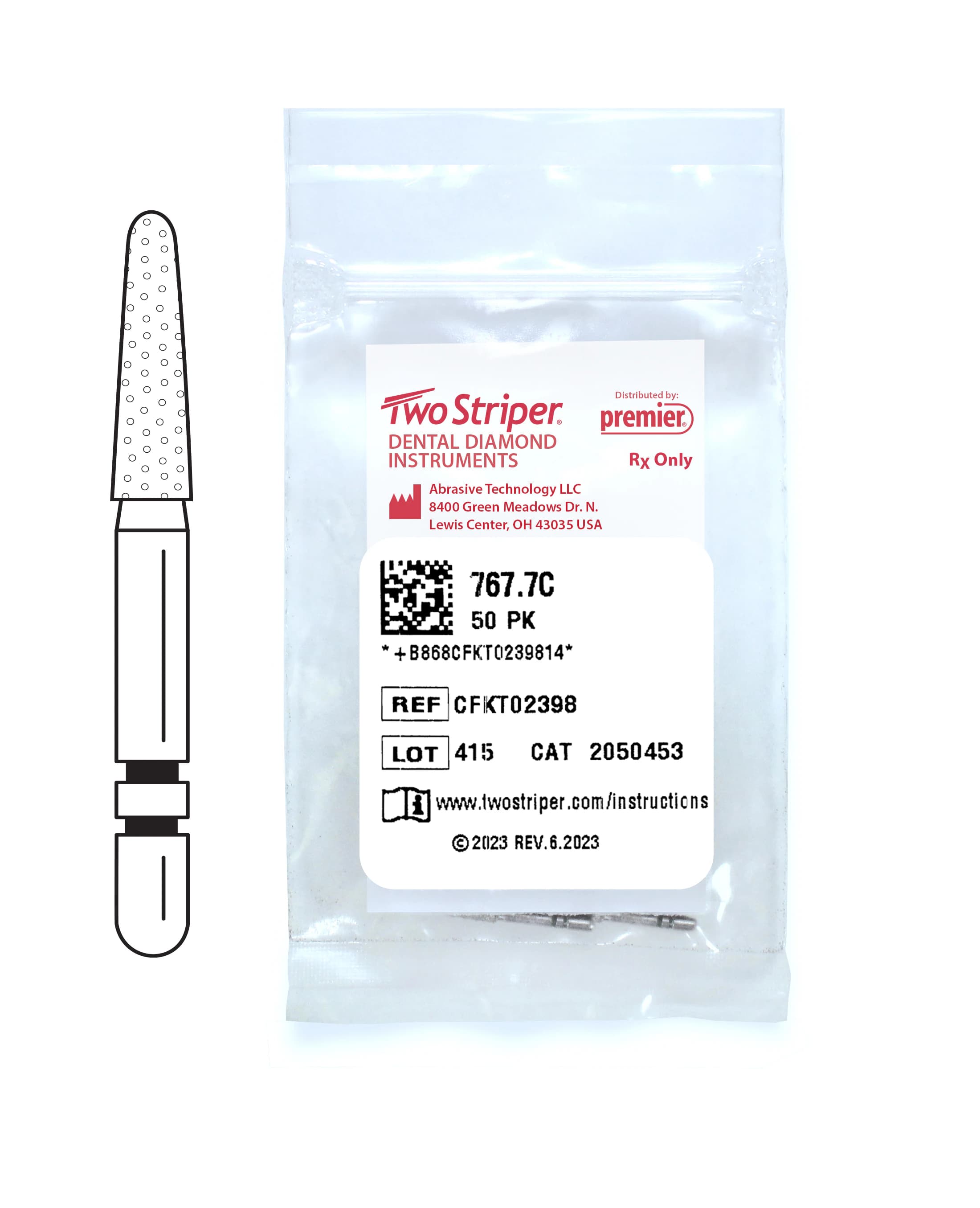 Two Striper Diamond Bur, Friction Grip, Coarse, Green, Round End Taper, #767.7C, 1.8 mm Major / 1.1 mm Minor Diameter, 7.0 mm Length, 50/Pkg - Two Striper Diamond Burs – FG, Coarse, Green, Taper Round End, 5/Pkg - # 767, 1.8 mm Major/1.1 mm Minor Diameter, 7.0 mm Length, 50/Pkg - Image 1