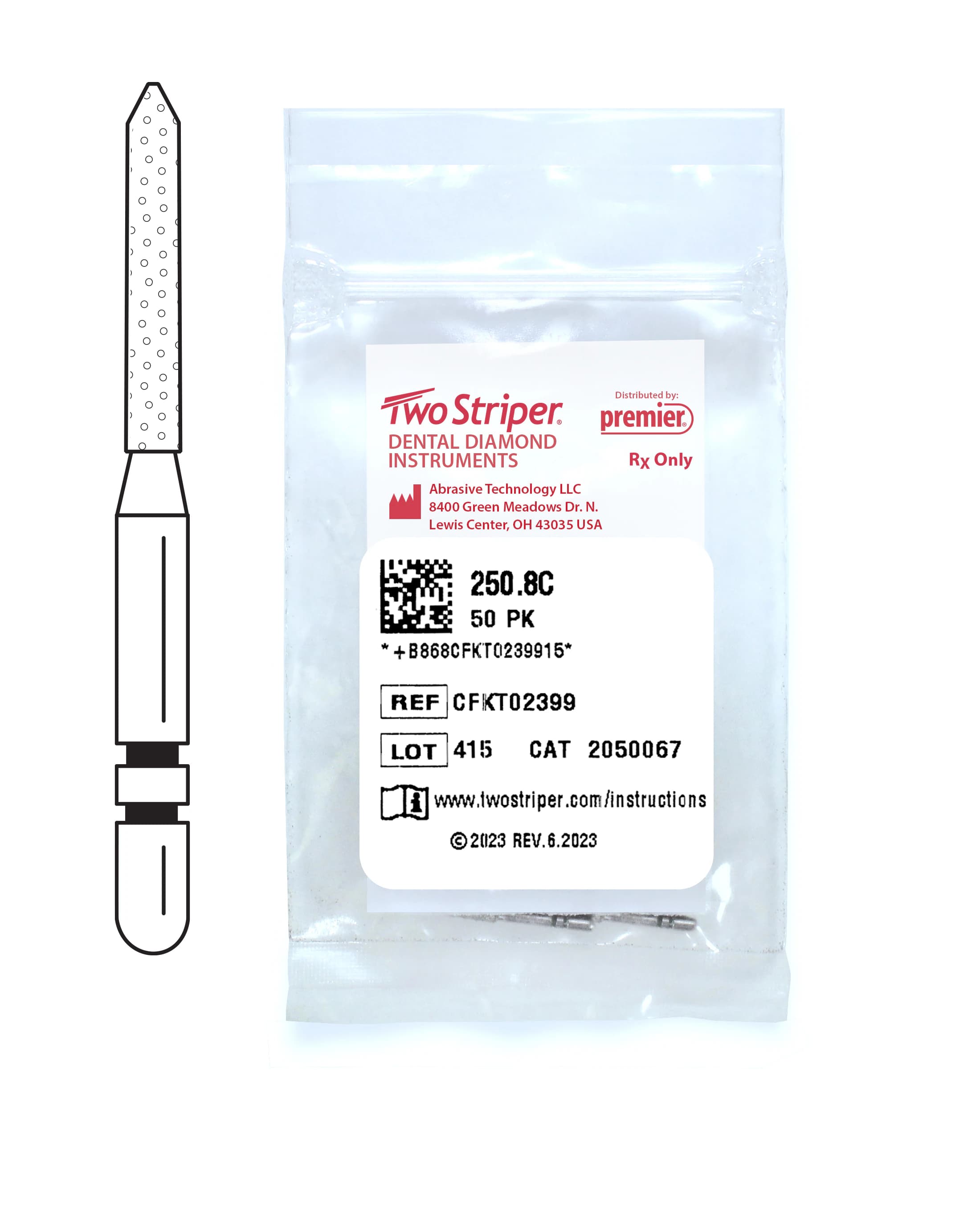 Two Striper® Diamond Bur #250.8C, Friction Grip, Coarse, Green, Cylinder Bevel End, 1.2 mm Major/0.4 mm Minor Diameter, 8.0 mm Length, 50/Pkg - Two Striper® Diamond Burs – FG, Coarse, Green, Cylinder Bevel End - # 250, 1.2 mm Major/0.4 mm Minor Diameter, 8.0 mm Length, 50/Pkg - Image 1