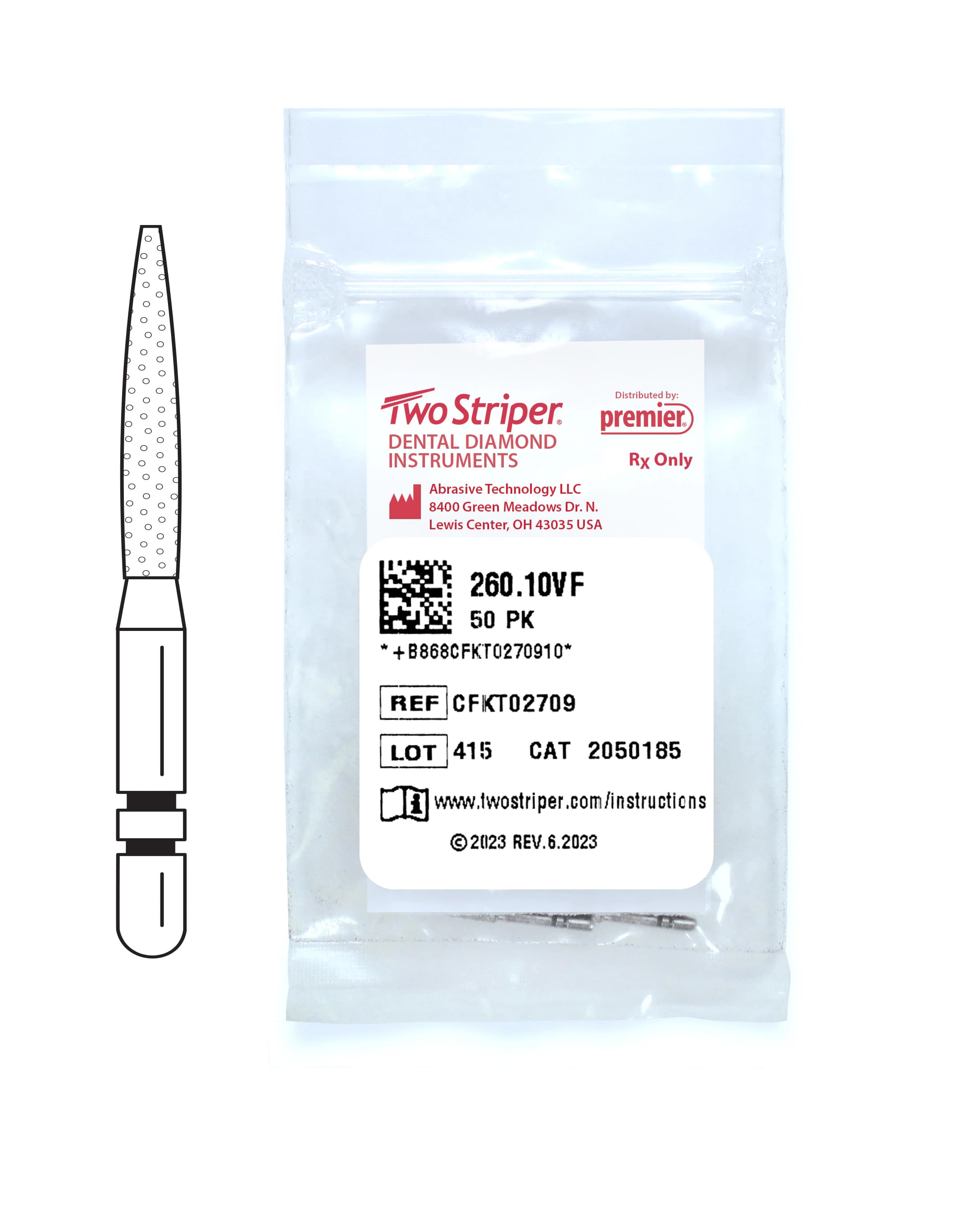 Two Striper® Diamond Bur, Friction Grip (FG), Flame #260.10VF, Very Fine, Yellow, 1.4 mm Major/0.5 mm Minor Diameter, 10.0 mm Length, 50/Pkg - Two Striper® Diamond Burs – FG, Very Fine, Yellow, Flame - # 260, 1.4 mm Major/0.5 mm Minor Diameter, 10.0 mm Length, 50/Pkg - Image 1