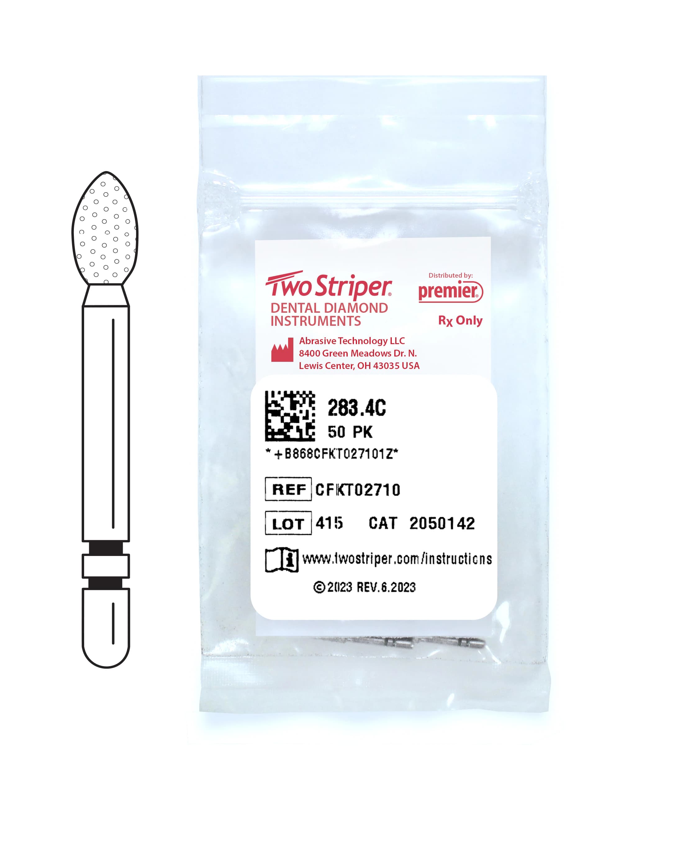 Two Striper® Diamond Bur, Friction Grip, Coarse, Green, Football #283.4C, 2.5 mm Diameter, 4.0 mm Length, 50/Pkg - Two Striper® Diamond Burs – FG, Coarse, Green, Football - # 283, 2.5 mm Diameter, 4.0 mm Length, 50/Pkg - Image 1
