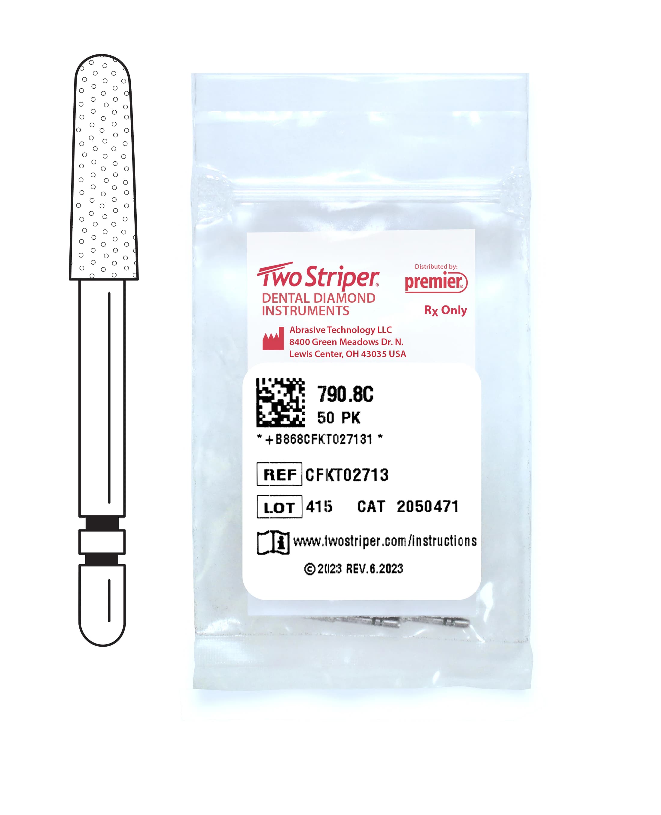 Two Striper Diamond Bur #790.8C, Friction Grip, Coarse, Round End Taper, Green, 2.6 mm Major/2.0 mm Minor Diameter, 8.0 mm Length, 50/Pkg - Two Striper Diamond Burs – FG, Coarse, Green, Taper Round End, 5/Pkg - # 790, 2.6 mm Major/2.0 mm Minor Diameter, 8.0 mm Length, 50/Pkg - Image 1