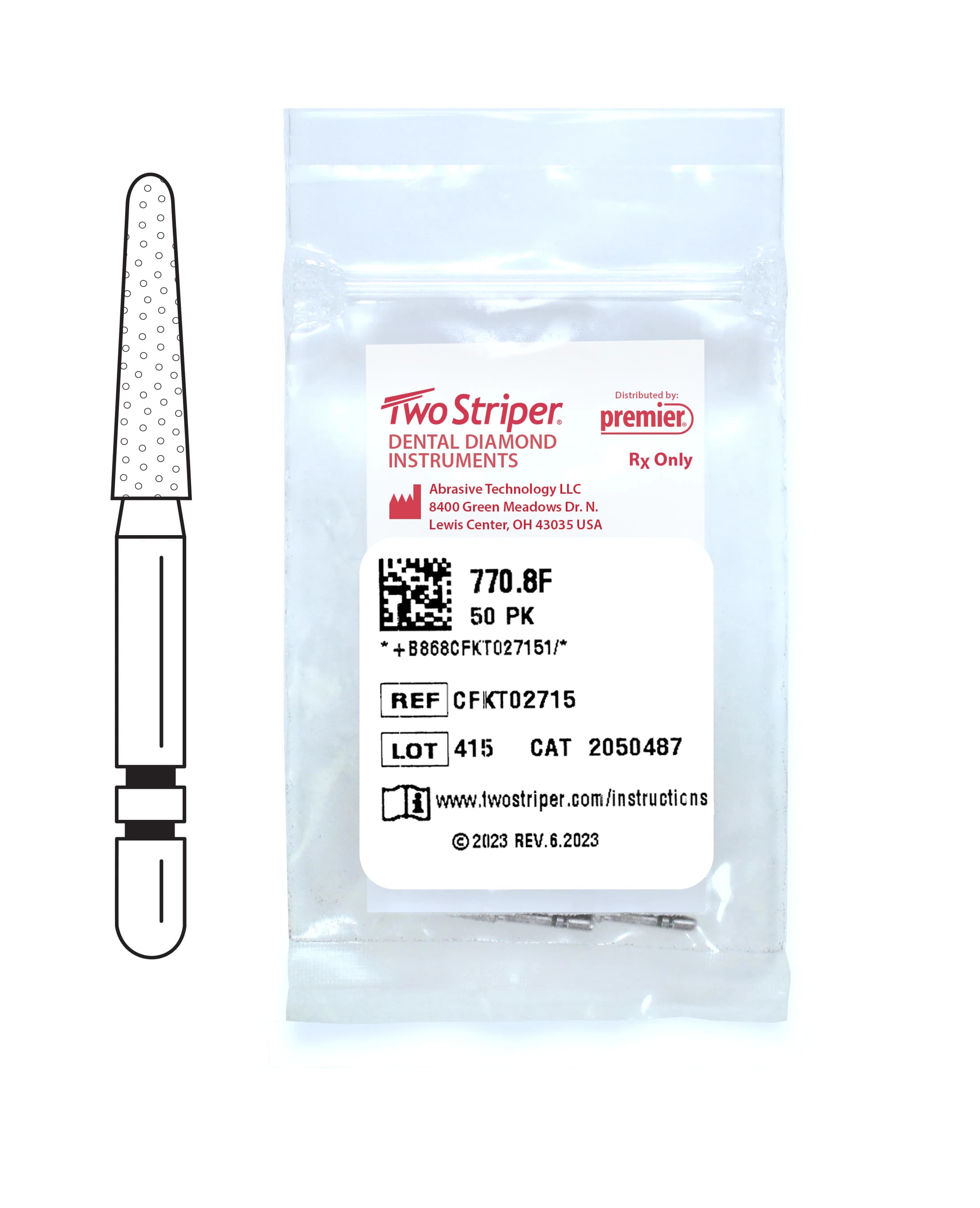 Two Striper® Diamond Bur #770.8F, Friction Grip, Fine, Red, Taper Round End, 1.8 mm Major / 1.3 mm Minor Diameter, 8.0 mm Length, 50/Pkg - Two Striper® Diamond Burs – FG, Fine, Red, Taper Round End, 5/Pkg - # 770, 1.8 mm Major/1.3 mm Minor Diameter, 8.0 mm Length, 50/Pkg - Image 1