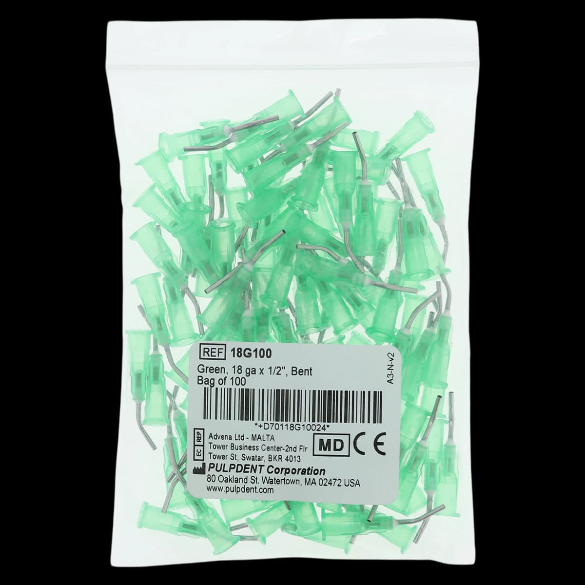 Pulpdent Pre-Bent Applicator Tips, 18 Gauge, 1/2 in, Green, 100/Pk - Applicator Tip 18Ga X 1/2" Green Prebent (100) - Image 1