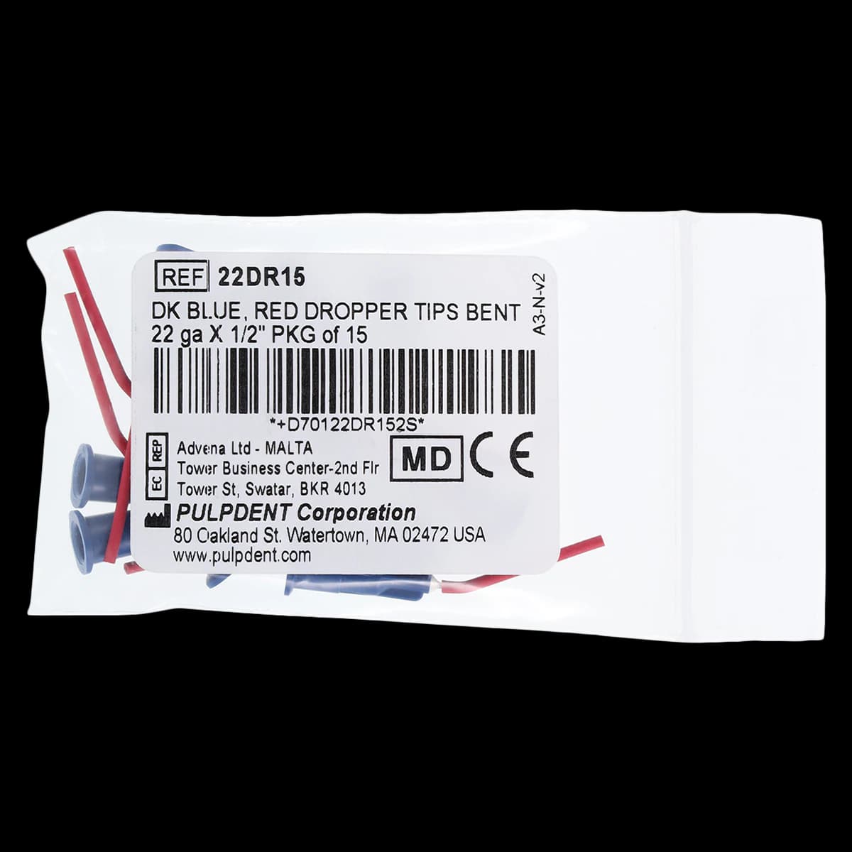 Pulpdent Silane Bond Enhancer Prebent Dropper Tips, 22 Ga x 1/2", Dark Blue/Red, 15/Pkg, 22DR15 - Silane Bond Enhancer, Prebent Dropper Tips, 22 Ga x 1/2", 15/Pkg, Blue, 22DR15 - Image 1