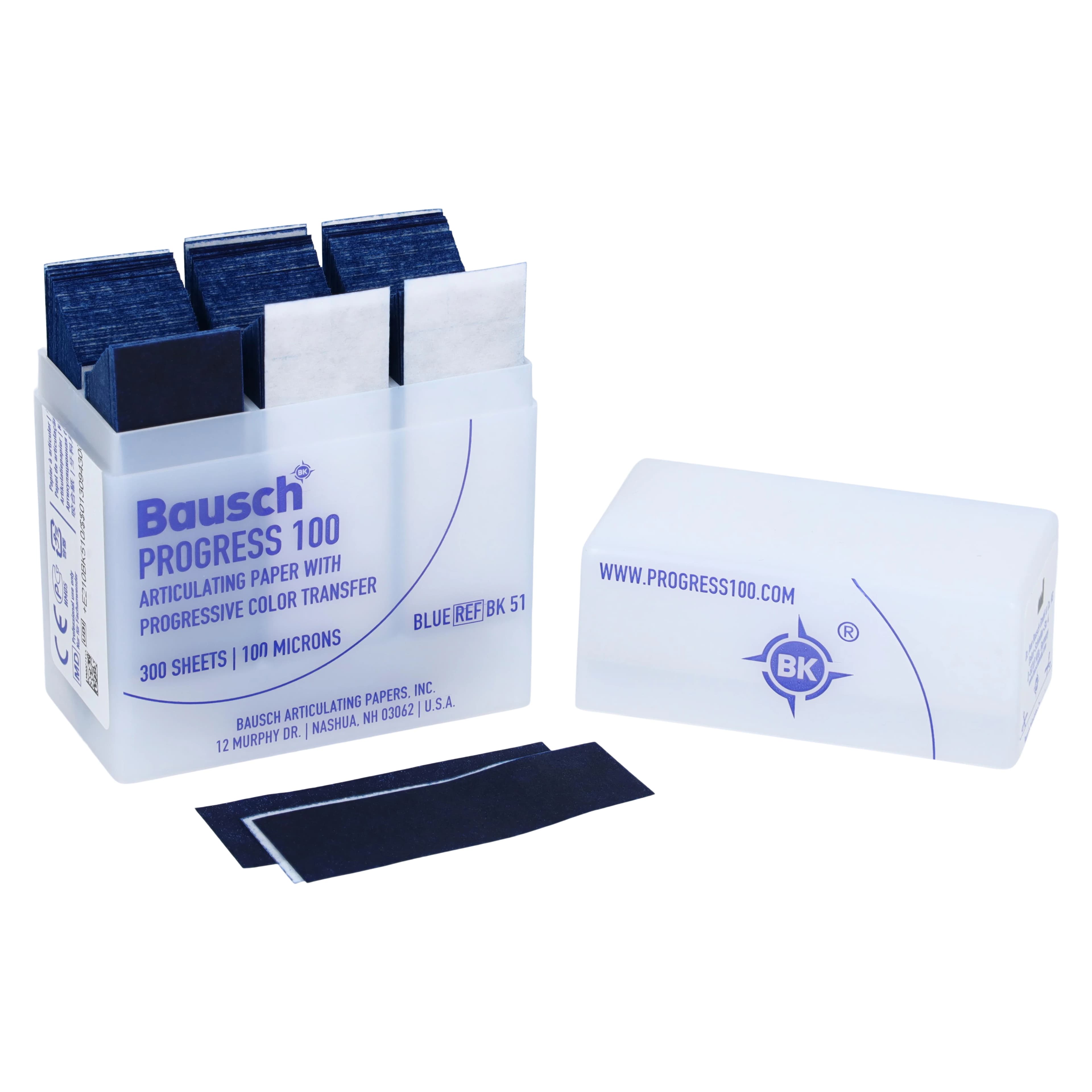 Bausch Progress 100 Articulating Paper Strips, 100 Micron, Blue, Plastic Dispenser, 300/Pk, BK-51 - Progress 100 Plastic Dispenser - Image 1