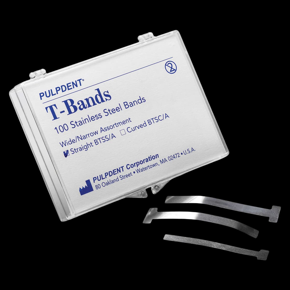 Pulpdent T-Bands, Straight/Wide, Stainless Steel, 0.002 in / 0.05 mm, 100/Pk, BTSS/W - T-Bands, Straight, Wide, Stainless Steel, 0.002 Inch, 0.05 mm, 100/Pk, BTSS/W - Image 1