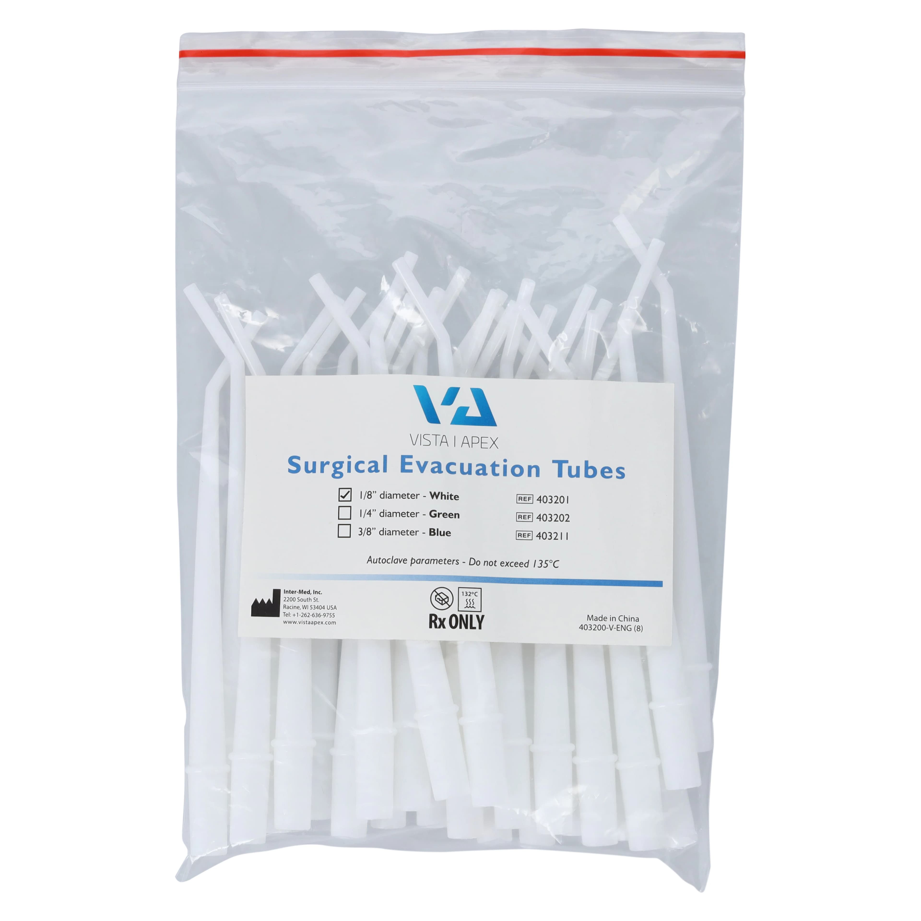 Vista Apex Surgical Evacuation Tubes, White, 1/8" Diameter, 6" Length, Pre-Bent 30°, Autoclavable, 25/Bag, 403201 thumbnail 3