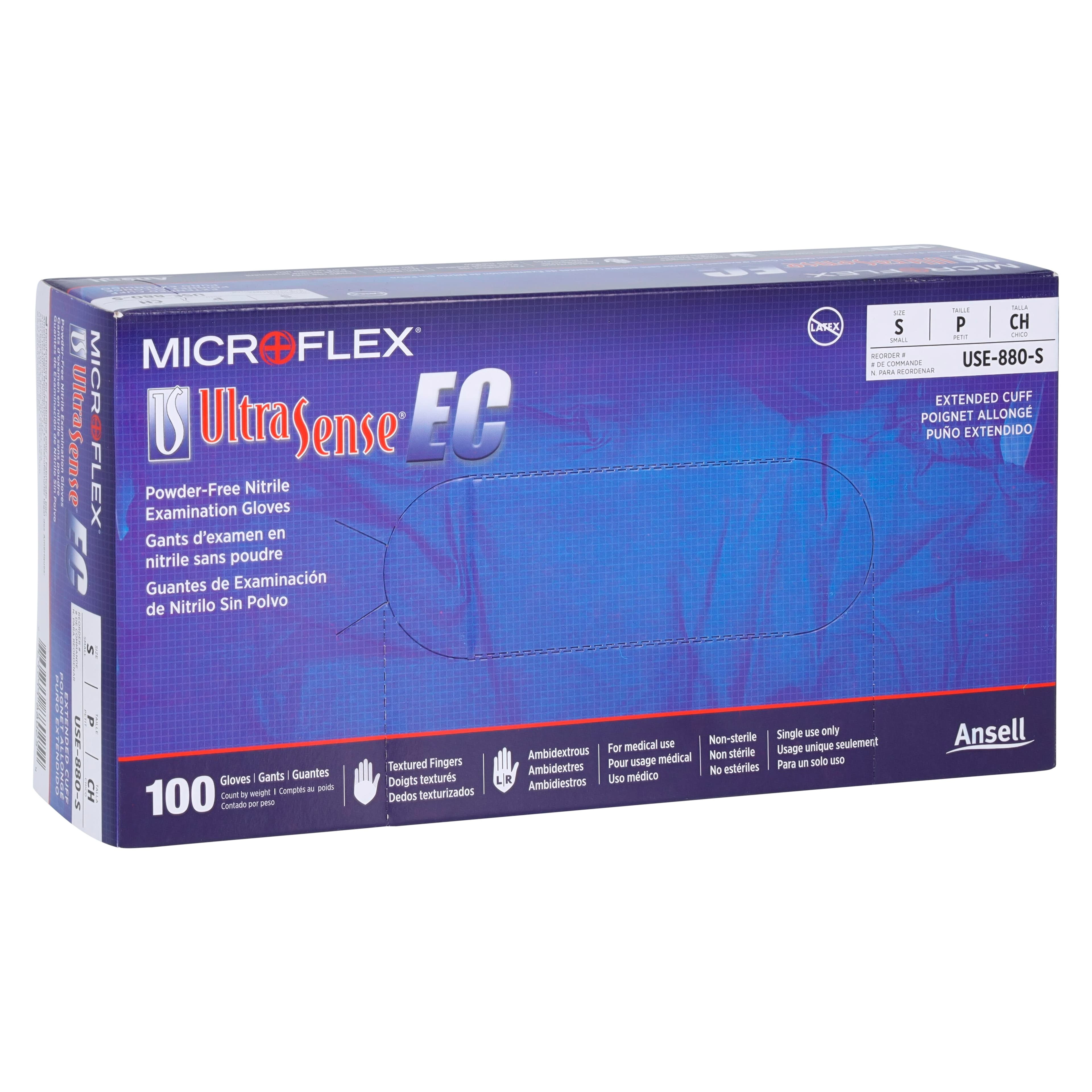 UltraSense® EC Nitrile Exam Gloves, Powder Free, Latex Free, Non-Sterile, Textured, Beaded Cuff, Extended Cuff, Small, Blue, 100/Box, USE-880 thumbnail 4