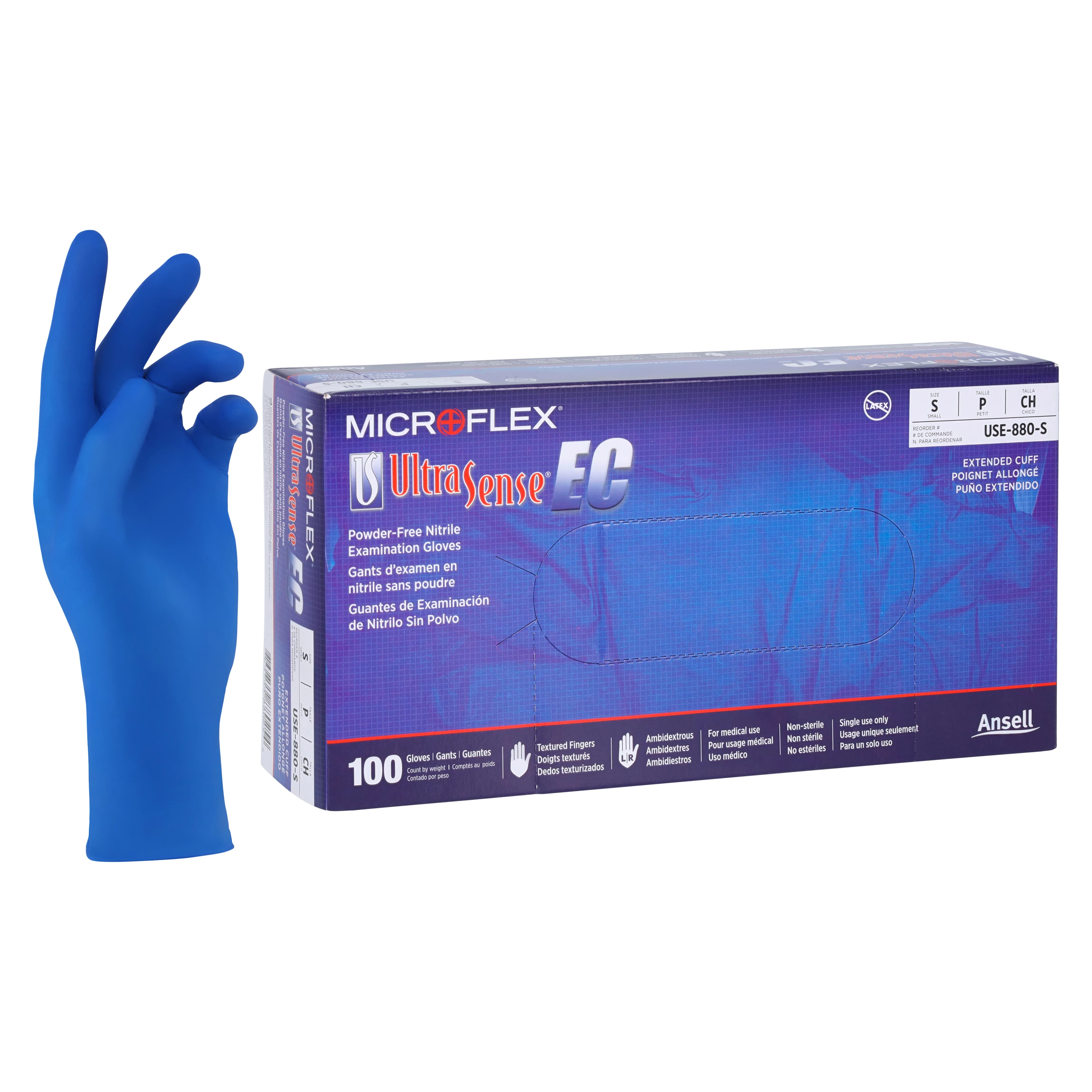 UltraSense® EC Nitrile Exam Gloves, Powder Free, Latex Free, Non-Sterile, Textured, Beaded Cuff, Extended Cuff, Small, Blue, 100/Box, USE-880 thumbnail 2