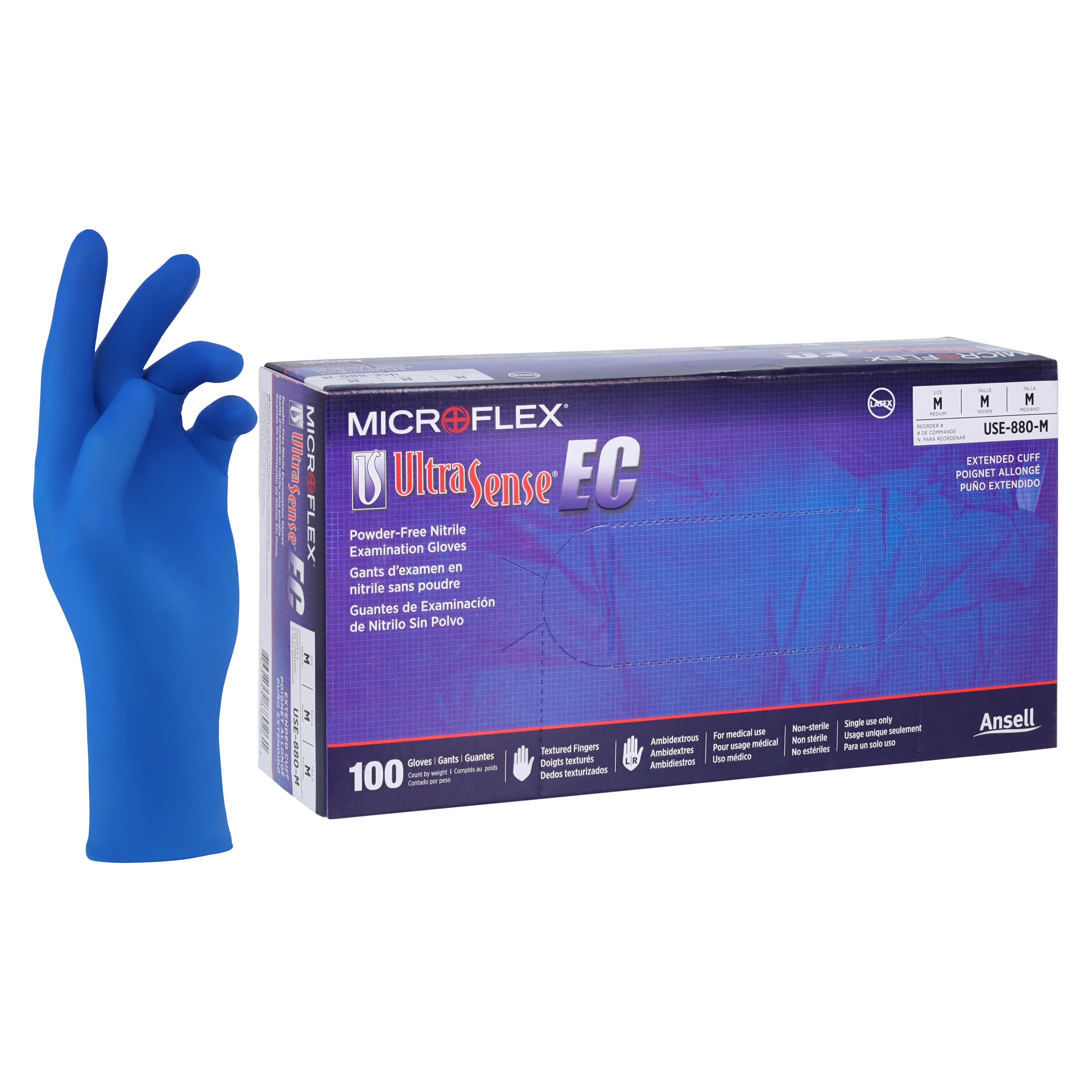 UltraSense® EC Nitrile Exam Gloves, Powder Free, Latex Free, Non-Sterile, Extended Cuff, Textured, Beaded Cuff, Medium, Blue, 100/Box, USE-880 thumbnail 2