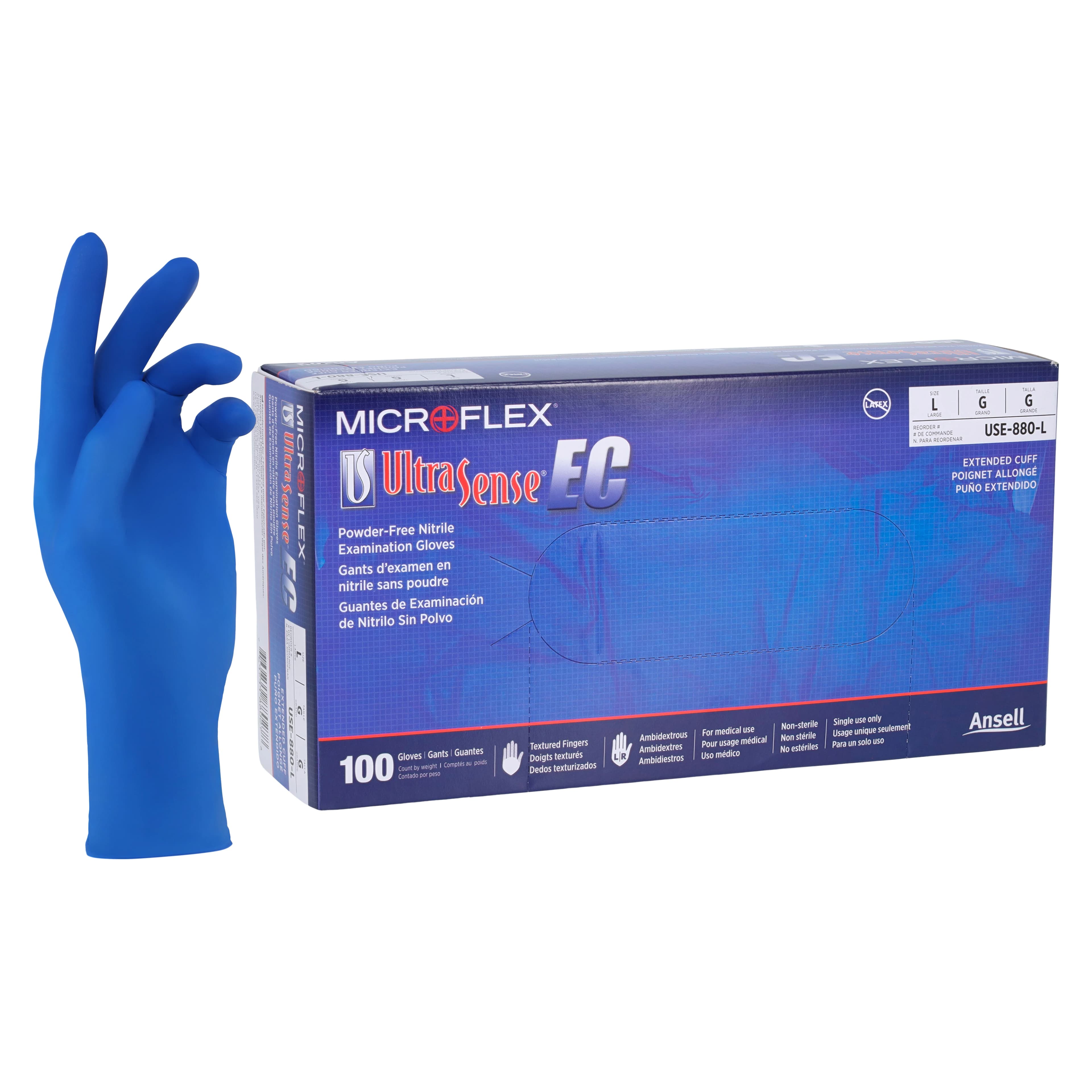 UltraSense EC Powder-Free Nitrile Examination Gloves, Extended Cuff, Large, Blue, 100/Box, USE-880-L thumbnail 2